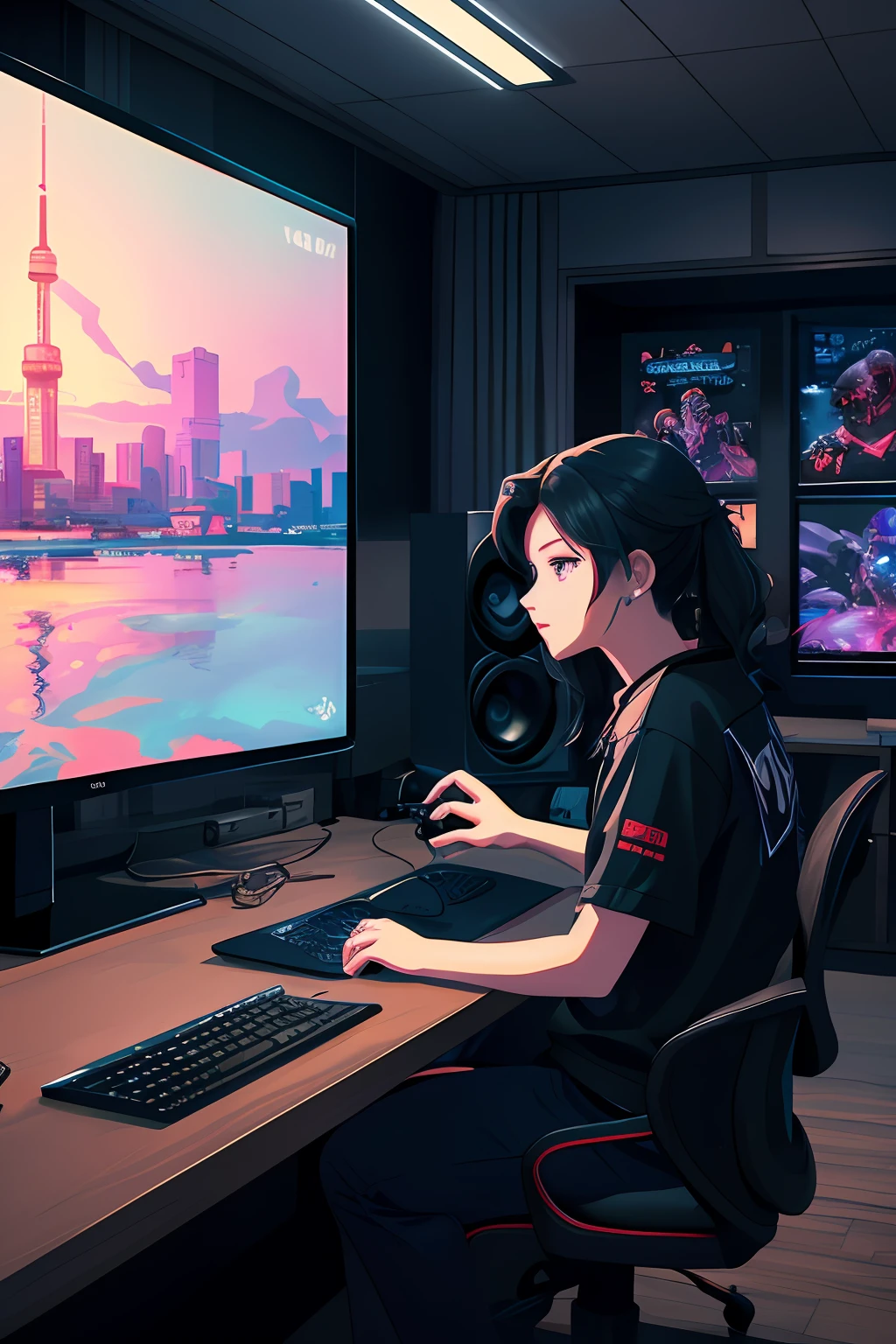 (masterpiece), (best illustration),(no humans), anime background, gaming bedroom, television with large computer, ring lighting , rim lighting,(extremely detailed CG unity 8k wallpaper),(masterpiece), (best quality), (vaporwave style), (ultra-detailed), (best illustration),(best shadow),perfect lighting , perfect , vivid colors,