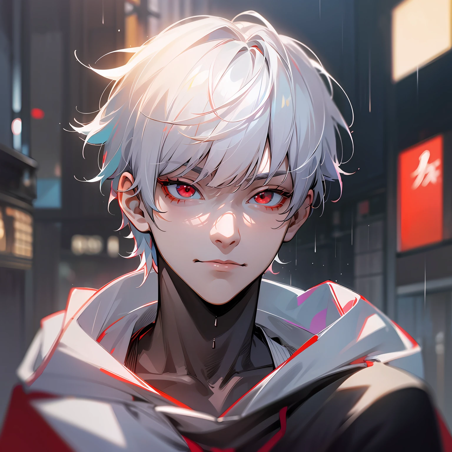 kk, best quality, more details, masterpiece, 1boy, satoru gojo, portrait, male focus, blue eyes, solo, fringe, looking at viewer, hood, short hair, rain, Kaizen Jujutsu \(city\), hood, nail polish, white hair, luxurious, 8k, detailed, ray tracing, depth of field, cinematic lighting, --auto