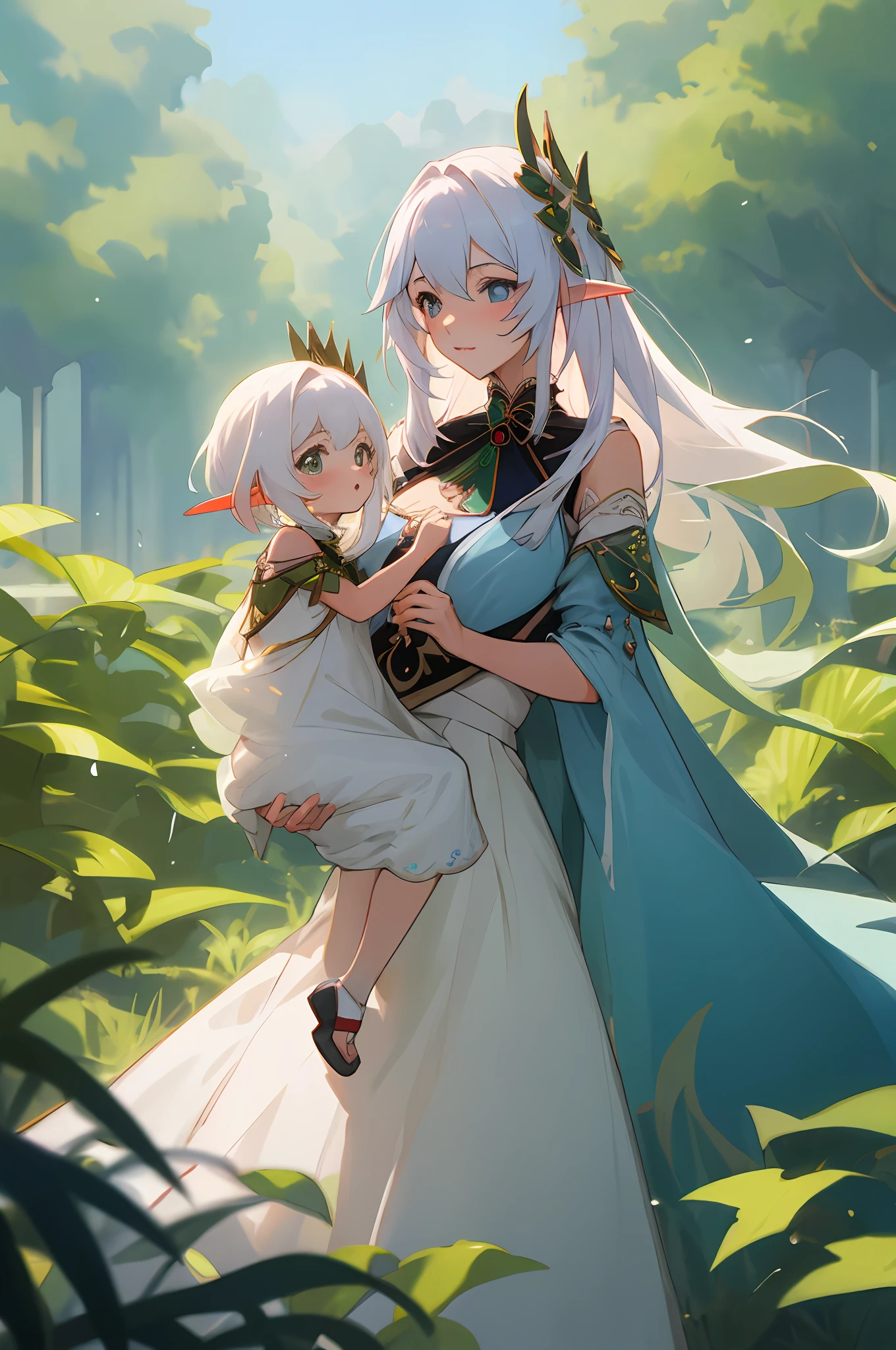 anime image of two women dressed in dress posing for a picture like arabian princess clothes in summer, beautiful decoration on dress, palace a girl in palace,long hair, white haired , anime fantasy illustration, from the azur lane videogame, genshin, Royal Princess rukkhadevata detailed art, two beautiful anime girls, mother and child, symbol of maternal love, mother and child, such as photos of mother and child, Embarrassed, royal castle, elf, long ears