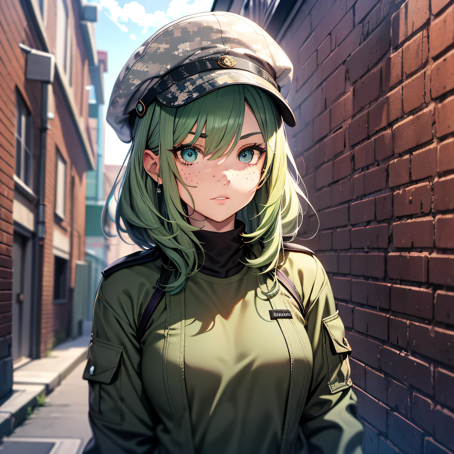 a woman, , face with freckles, green hair, blue eyes, camouflage cap, military pants, black top, black sneakers, in an alley, cloudy weather, brick wall, looking at viewer, 4k, masterpiece, detailed face