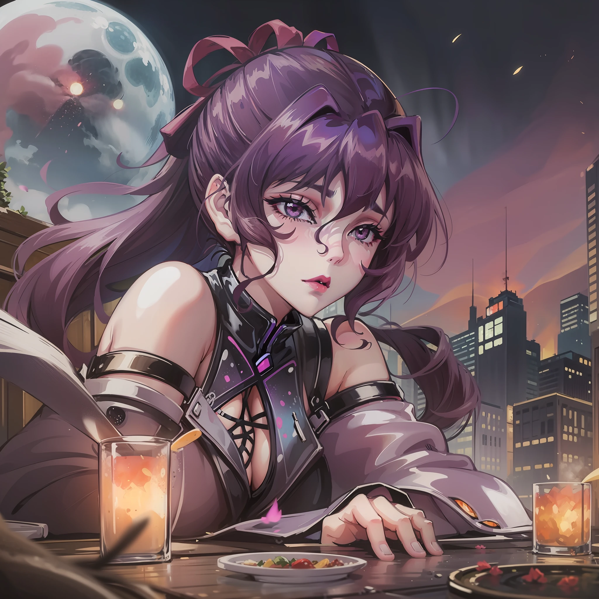 A beauty in her 30s, nervous, terrified, lying on the ground with blood all over her body, purple hair, purple eyes, doomsday, vast landscape photos, (seen from below, sky above, open fields below), (full moon: 1.2), (meteors: 0.9), (nebula: 1.3), distant mountains, trees BREAK making art, (warm light source: 1.2), (firefly: 1.2), lamps, lots of purple and orange, intricate details, volumetric lighting BREAK (Masterpiece: 1.2), (Best Quality), 4K, Ultra Detailed, (Dynamic Composition: 1.4), Detailed, Colorful, (Iridescent: 1.2), (Glow, Atmospheric Lighting), Dreamy, Fantastic, (Solo: 1.2) Good Looking, Masterpiece Best Quality, 8K, High Quality, High Resolution