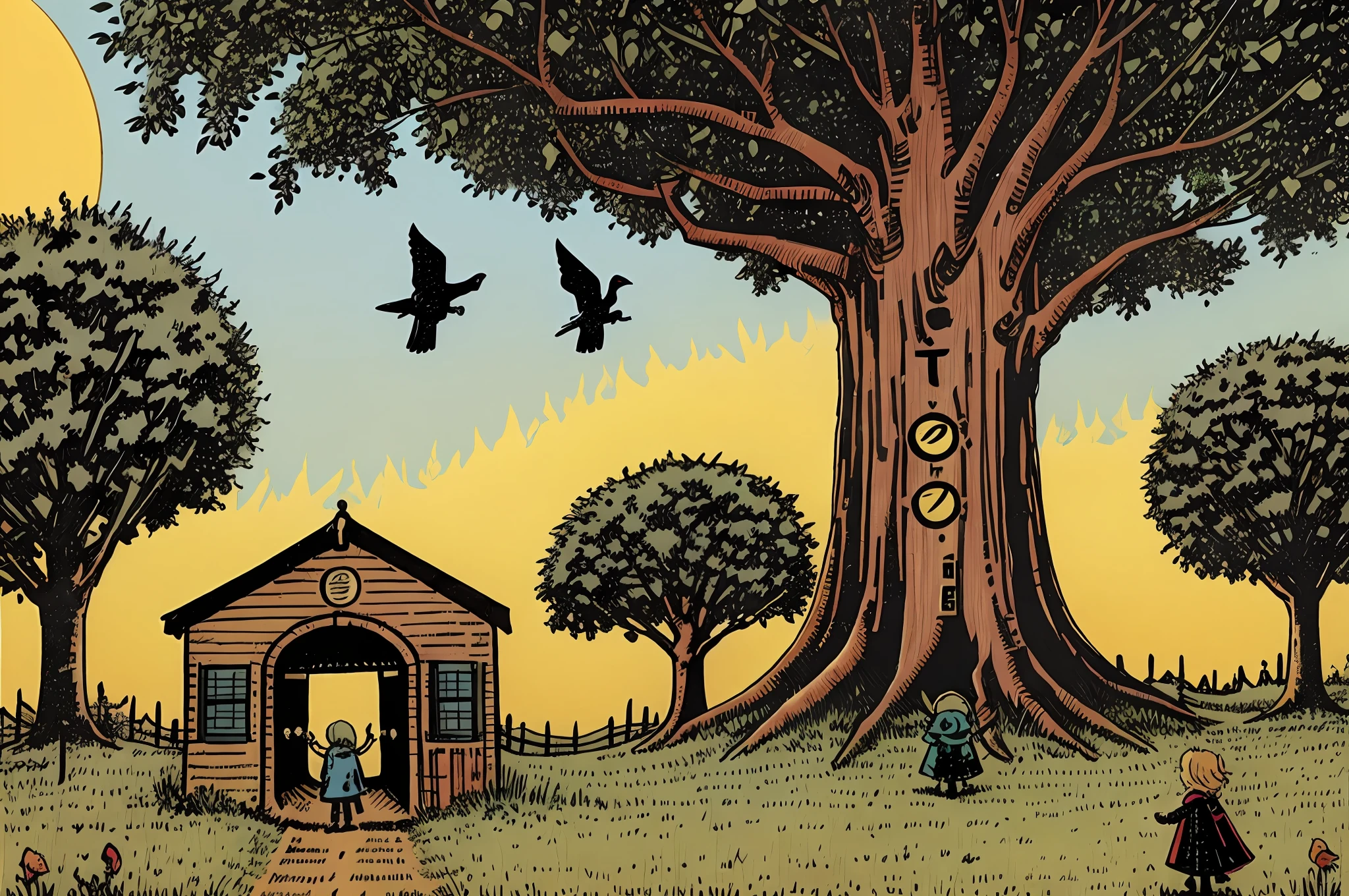 Make a tarot card style picture, the content is a child growing up under the shelter of a big tree, and there are two crows on the big tree to mean that the shelter is only two days, and then the main body is to withdraw the child, and the picture should have a sense of urgency