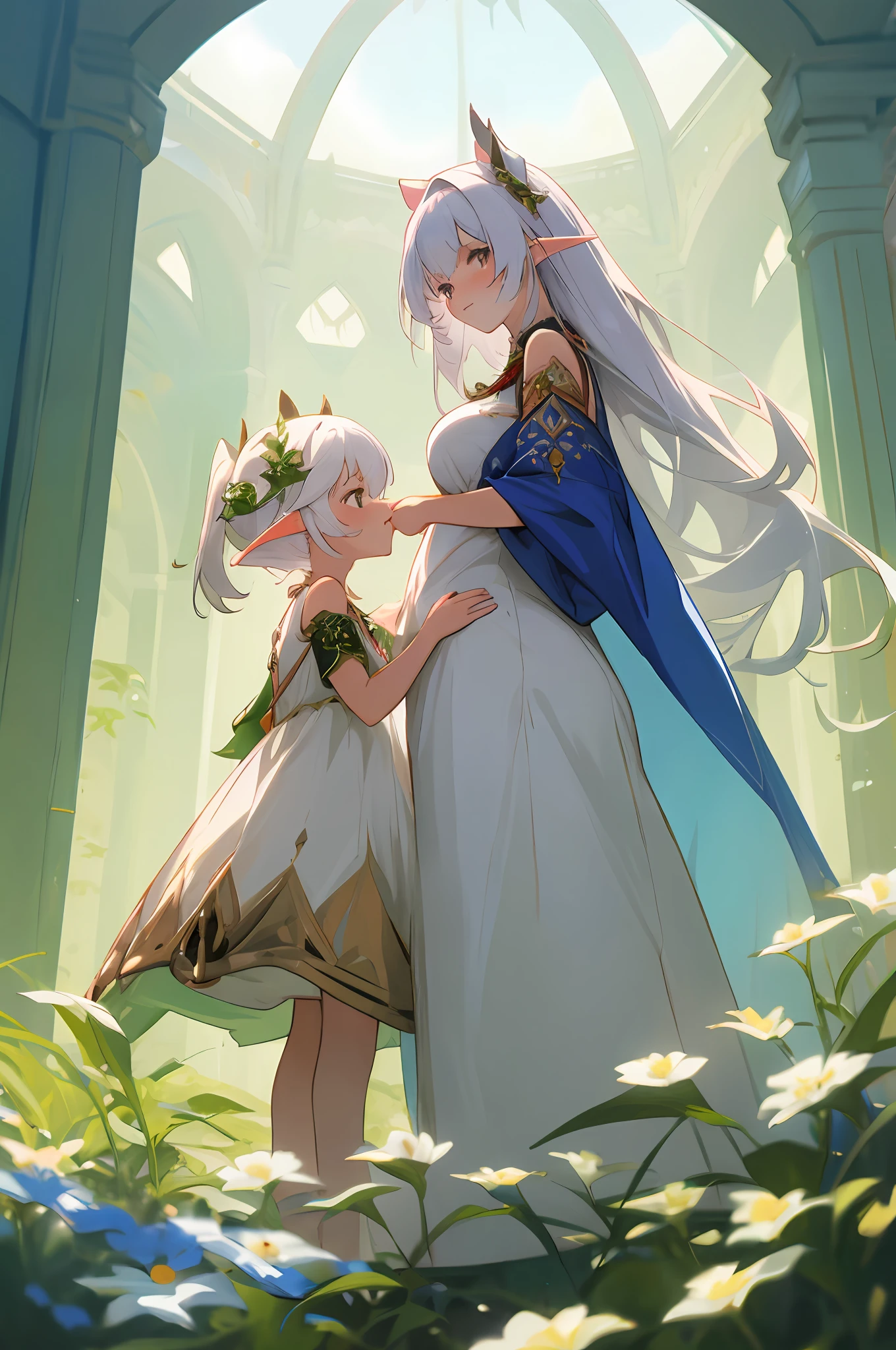 anime image of two women dressed in dress posing for a picture like arabian princess clothes in summer, beautiful decoration on dress, palace a girl in palace,long hair, white haired , anime fantasy illustration, from the azur lane videogame, genshin, Royal Princess rukkhadevata detailed art, two beautiful anime girls, mother and child, symbol of maternal love, mother and child, such as photos of mother and child, Embarrassed, royal castle, elf, long ears, arabic building, dome