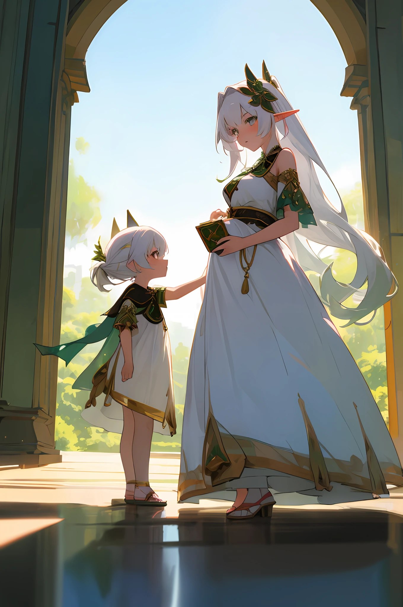 anime image of two women dressed in dress posing for a picture like arabian princess clothes in summer, beautiful decoration on dress, palace a girl in palace,long hair, white haired , anime fantasy illustration, from the azur lane videogame, genshin, Royal Princess rukkhadevata detailed art, two beautiful anime girls, mother and child, symbol of maternal love, mother and child, such as photos of mother and child, Embarrassed, royal castle, elf, long ears, arabic building, dome, Golden Ornament Lantern Lamp Accessories