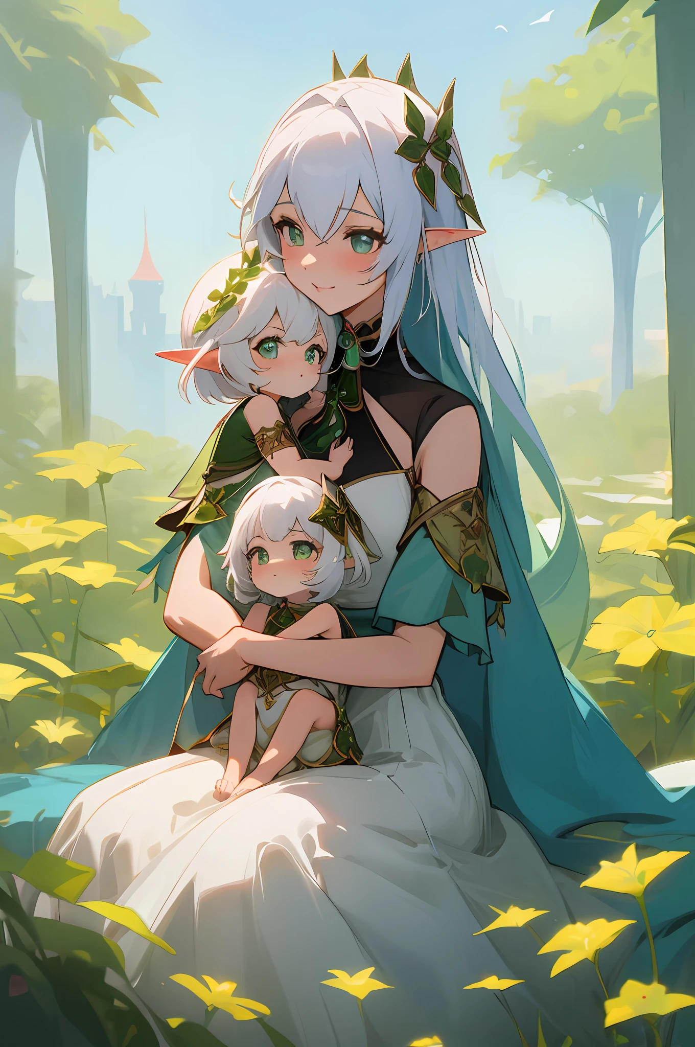 anime image of two women dressed in dress posing for a picture like arabian princess clothes in summer, beautiful decoration on dress, palace a girl in palace,long hair, white haired , anime fantasy illustration, from the azur lane videogame, genshin, Royal Princess rukkhadevata detailed art, two beautiful anime girls, mother and child, symbol of maternal love, mother and child, such as photos of mother and child, Embarrassed, royal castle, elf, long ears, sitting in a green flowering garden
