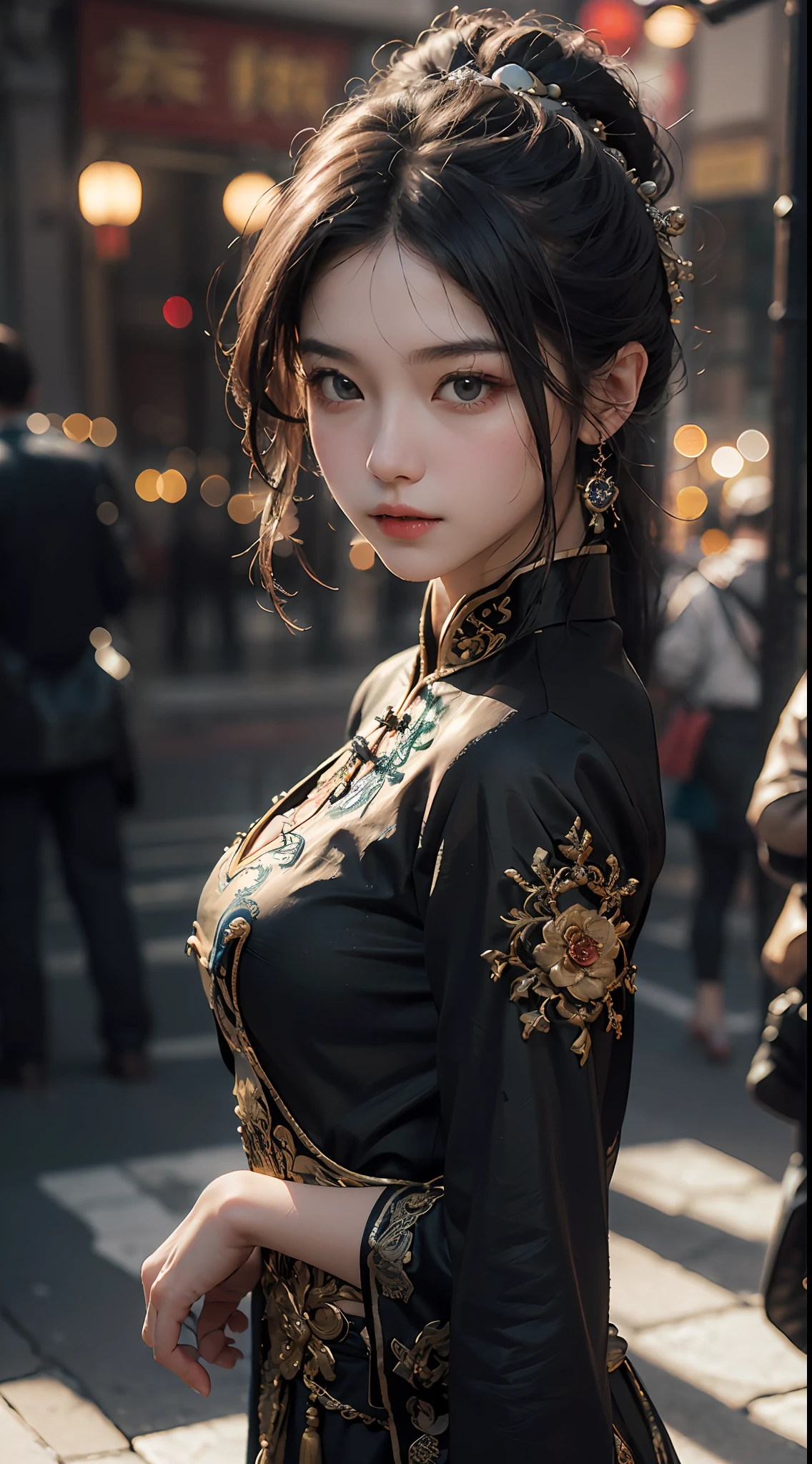 Best quality, (RAW photos: 1.2), (Masterpiece: 1.4), (Realistic: 1.4), (High resolution: 1.4), Chinese actress Gulinazha, depth of field, intricate details, 8k, very detailed, perfect lighting, epic background, big bust 1.3, black tang costume