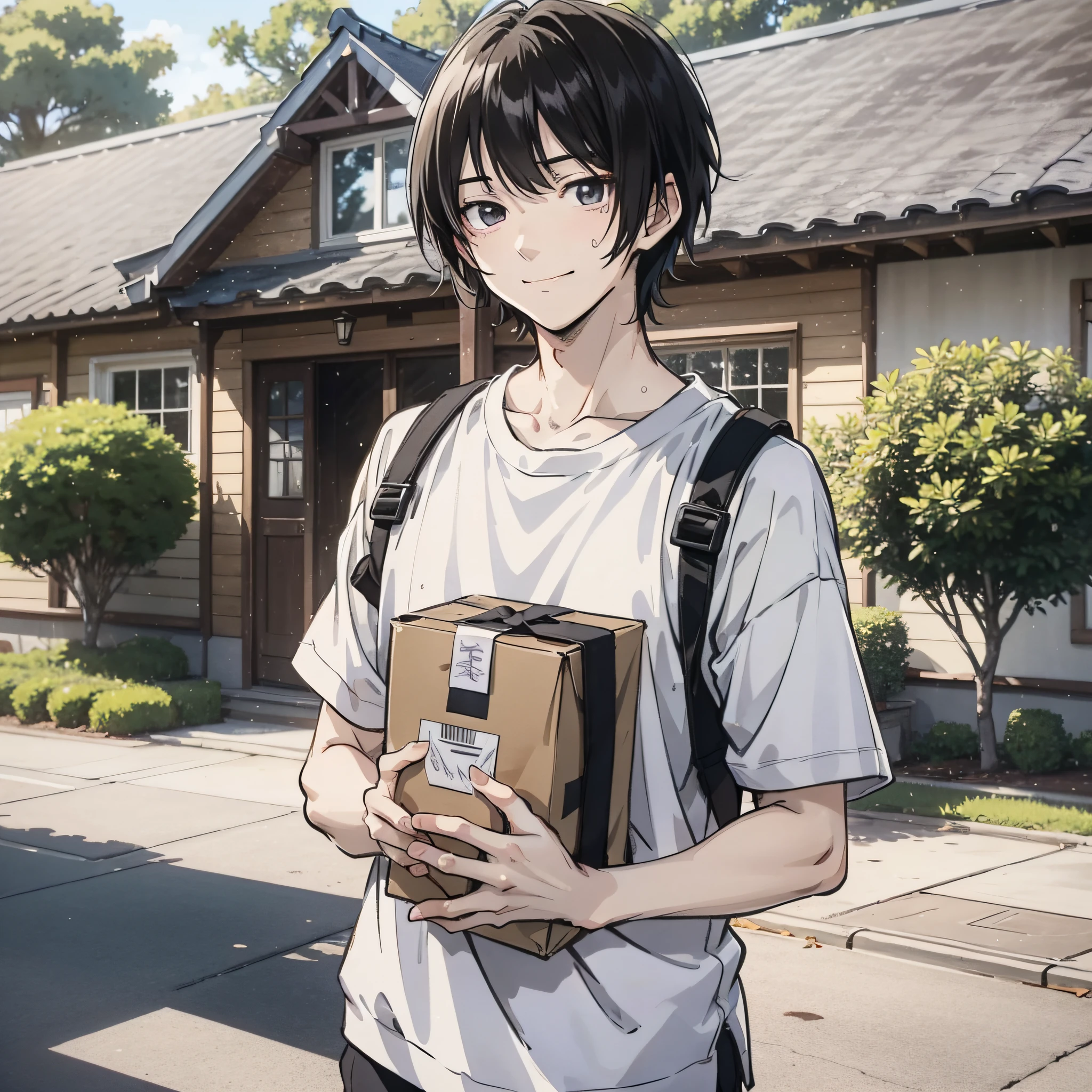 A young anime guy with short black hair and a white shirt about 30 years old standing in the yard in front of the house holding a package in his hand (smile emoji 1.3) (sweat 1.5) (background yard in front of the house 1.5) anime style 4 K, anime rendering, anime style. 8k, handsome anime face (upper body display 1.5) (handsome boy 1.3) (cinematic light 1.5)