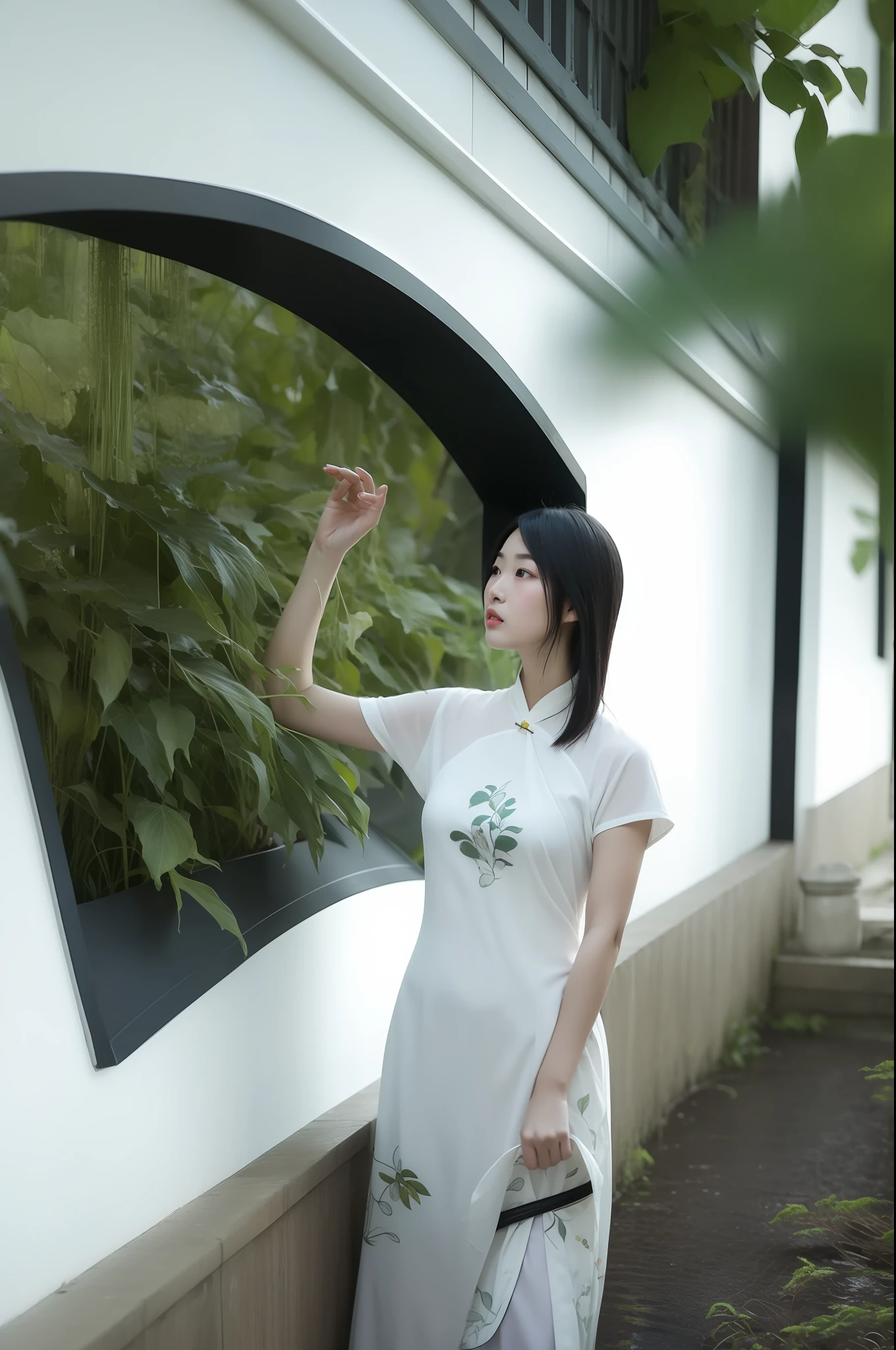 there is a woman standing in front of a wall with a plant, with acient chinese clothes, inspired by Xie Shichen, inspired by Zheng Xie, inspired by Cui Bai, ao dai, inspired by Jiang Tingxi, inspired by Li Mei-shu, inspired by Jiao Bingzhen, inspired by Tang Yifen, inspired by Pan Tianshou