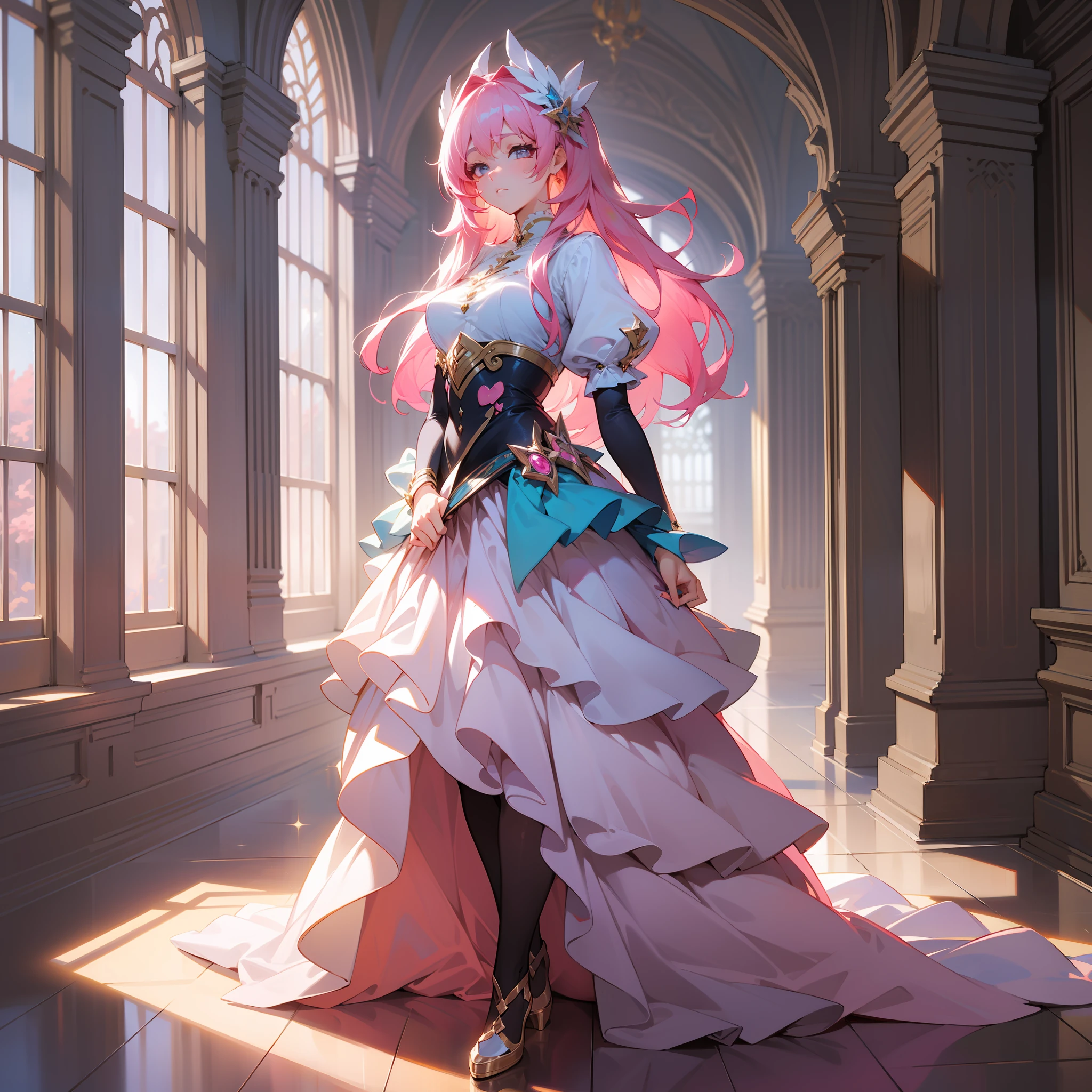 Best quality, Masterpiece, Details, Soft lighting, Side lighting, Beautiful Woman, Magical, Wonderful, Stunning Background, Relaxed, Pink Hair, Long Hair, Fantastic, Full Body,