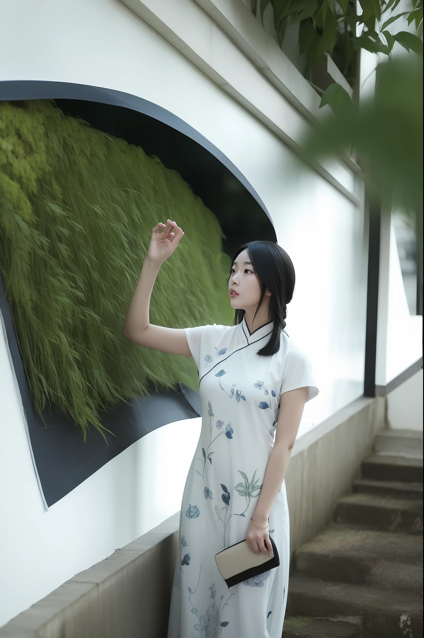 there is a woman standing in front of a wall with a plant, with acient chinese clothes, inspired by Xie Shichen, inspired by Zheng Xie, inspired by Cui Bai, ao dai, inspired by Jiang Tingxi, inspired by Li Mei-shu, inspired by Jiao Bingzhen, inspired by Tang Yifen, inspired by Pan Tianshou