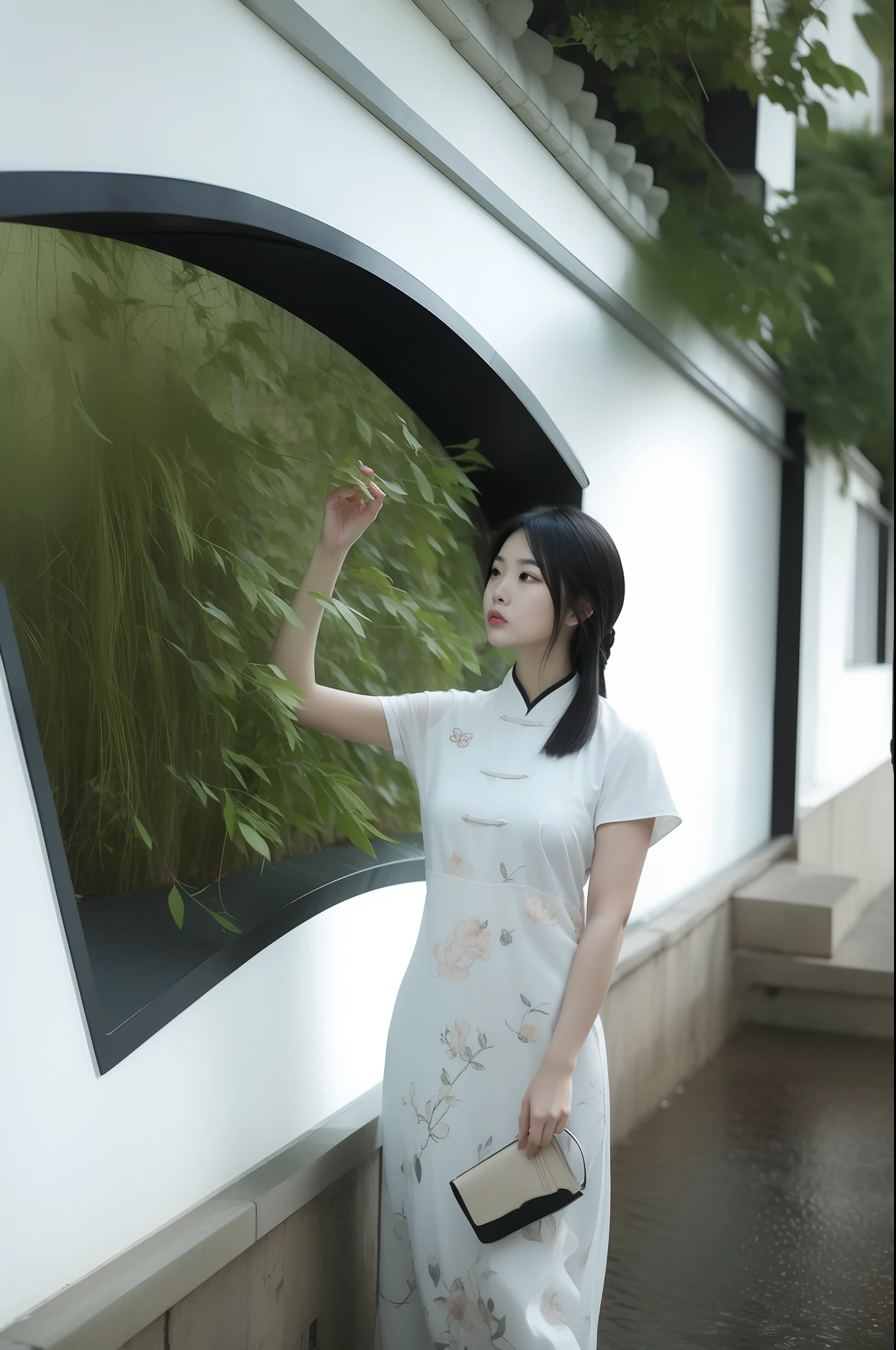 there is a woman standing in front of a wall with a plant, with acient chinese clothes, inspired by Xie Shichen, inspired by Zheng Xie, inspired by Cui Bai, ao dai, inspired by Jiang Tingxi, inspired by Li Mei-shu, inspired by Jiao Bingzhen, inspired by Tang Yifen, inspired by Pan Tianshou