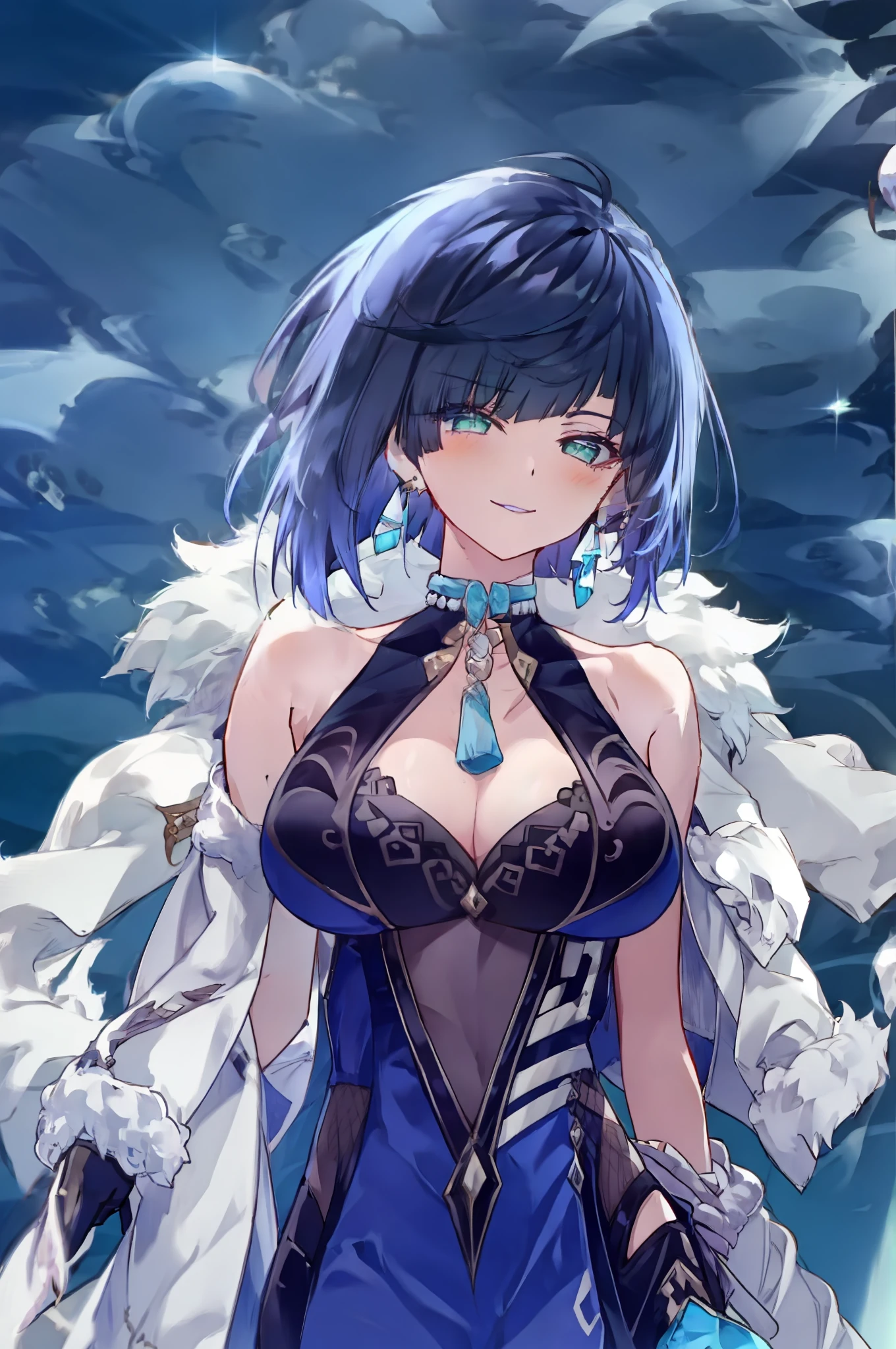 masterpiece, best quality, YelanV4, 1girl, solo, looking at viewer, blush, smile, large breasts, gloves, dress, cleavage, jewelry, green eyes, jacket, earrings, armpits, fur trim, blue dress, white jacket, tassel, arms behind back, pelvic curtain, mole on breast, jacket on shoulders, vision (genshin impact), purple lips, dice