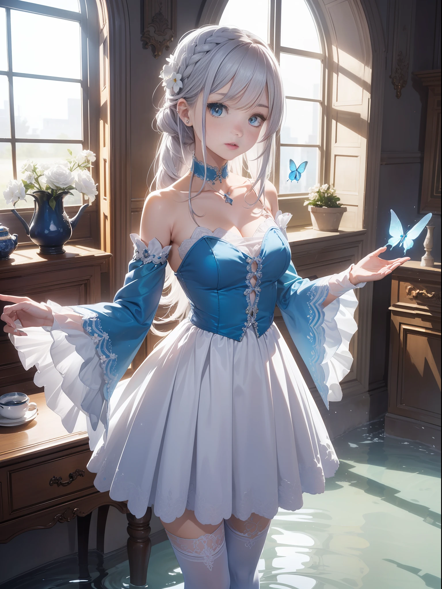 (Aerial view) dynamic angle, ultra-detailed, illustration, close-up, straight, 1girl, (costume: 1.4), (blue blue eyes), dreamers, (bright eyes: 1,233), (beautiful and detailed eyes: 1.1), (silver hair: 1.14), (messy hair, French hair braid, eyes), (+ (Teapot hair flower: 1.14)), (chiffon dress, Teapot flower pattern in uniform) /=(military uniform: 1.24), (detached sleeves, wide sleeves), (fingerless gloves),  choker, (Miko thighhighs), high-heeled boots, (mouth closed (expressionless),(standing), (Classic princess boudoir with dressing table and French window in an ancient white palaces), (white flowers, flower), (abysmal sea), (flowing water), (a dull blue world tree: 1.14), (ruins), (night: 1.2),(flying translucent blue butterflies:1.15), [[delicate fingers and hands:0.55]::0.85],(detailed fingers)