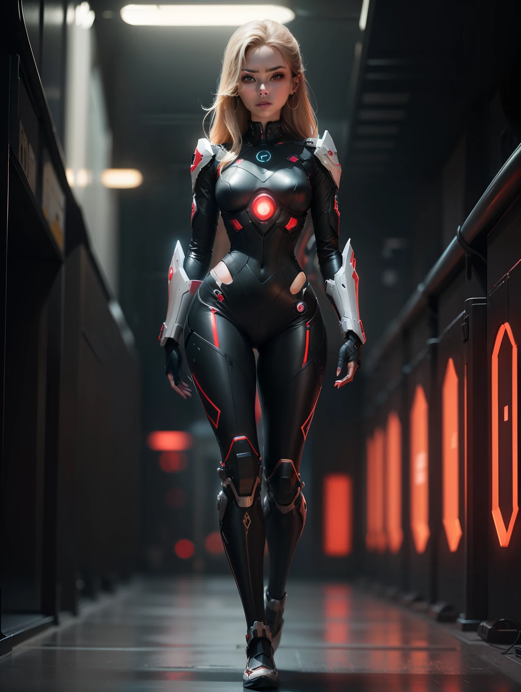 Create an image Anime-cartoon style of a woman wearing a sleek strike red robotic suit, (full body)radiating an enchanting artificial red light that accentuates her beautiful face. Set the scene in a futuristic environment with cutting-edge architecture and technology, capturing her confident and captivating presence. Employ creative lighting techniques to enhance the mood and depth of the image, creating a visually striking masterpiece that inspires awe and curiosity. (Full body) dark lights background, 4k , smooth, focus on the character full body, trending in artstation