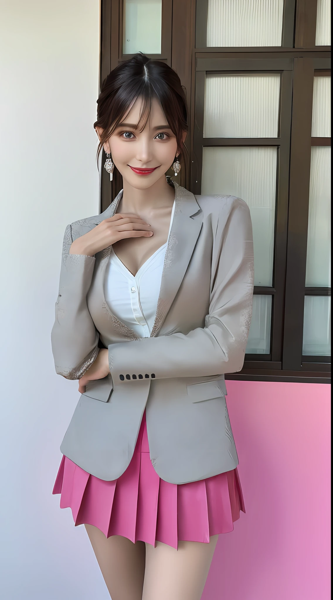 Top Quality, Masterpiece, 1 Girl, Beautiful Face, (Photorealistic Picture:1.3), Rim Lighting, (High Detail Skin:1.2), 8K UHD, DSLR, High Quality, High Resolution, 4K, 8K, Bokeh, Absurdity, Best Ratio Four Fingers and One Thumb, (Real:1.3), Cute 1 Girl, Wearing Pink Formal Blazer, Middle Breast, Short Skirt, Bold Pose, Earring,( In the form of beautiful delicate arms, hands and fingers), with a smile, look at us.