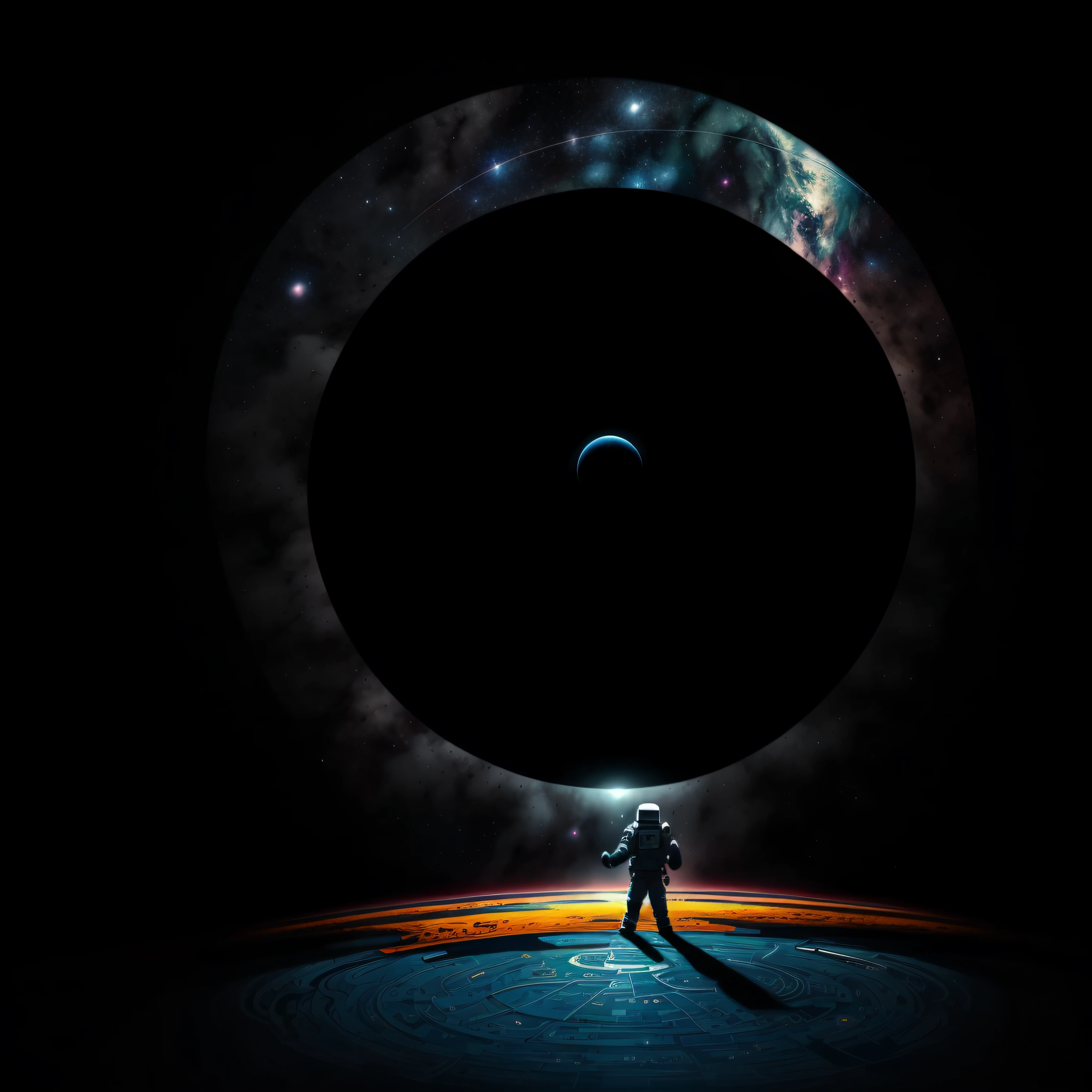 a lino cut drawing of an astronaut lost at a distance in space where the reality is shattering into shards  , reality shattering like breaking glass in circular pattern , space time reality effect style , colorful black red yellow blue  , deep lines , heavy strokes , masterpiece , artstation --auto