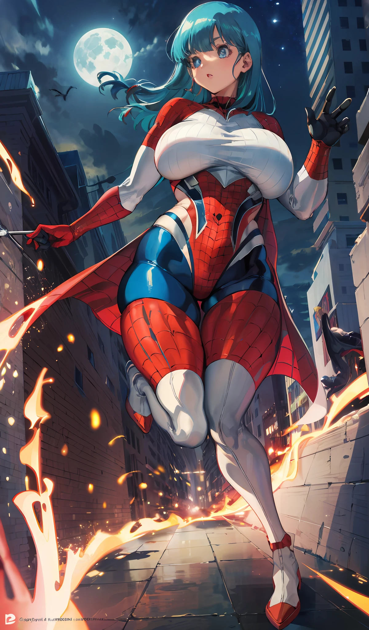 Curvy, milf, sexy lips, gigantic boobs, titsnipples, (Masterpiece, 4k resolution, ultra-realistic, very detailed), (White superhero theme, charismatic, there's a girl on top of town, wearing Spider-Man costume, she's a superhero), [ ((25 years), (long white hair:1.2), full body, (blue eyes:1.2), ((Spider-Man pose),show of strength, jumping from one building to another), ((sandy urban environment):0.8)| (cityscape, at night, dynamic lights), (full moon))] # Explanation: The Prompt mainly describes a 4K painting of ultra-high definition, very realistic, very detailed. It shows a superheroine at the top of the city, wearing a Spider-Man costume. The theme in the painting is a white superhero theme, the female protagonist has long white hair, is 25 years old and her entire body is shown in the painting. In terms of portraying the actions of superheroines, spiders are employed