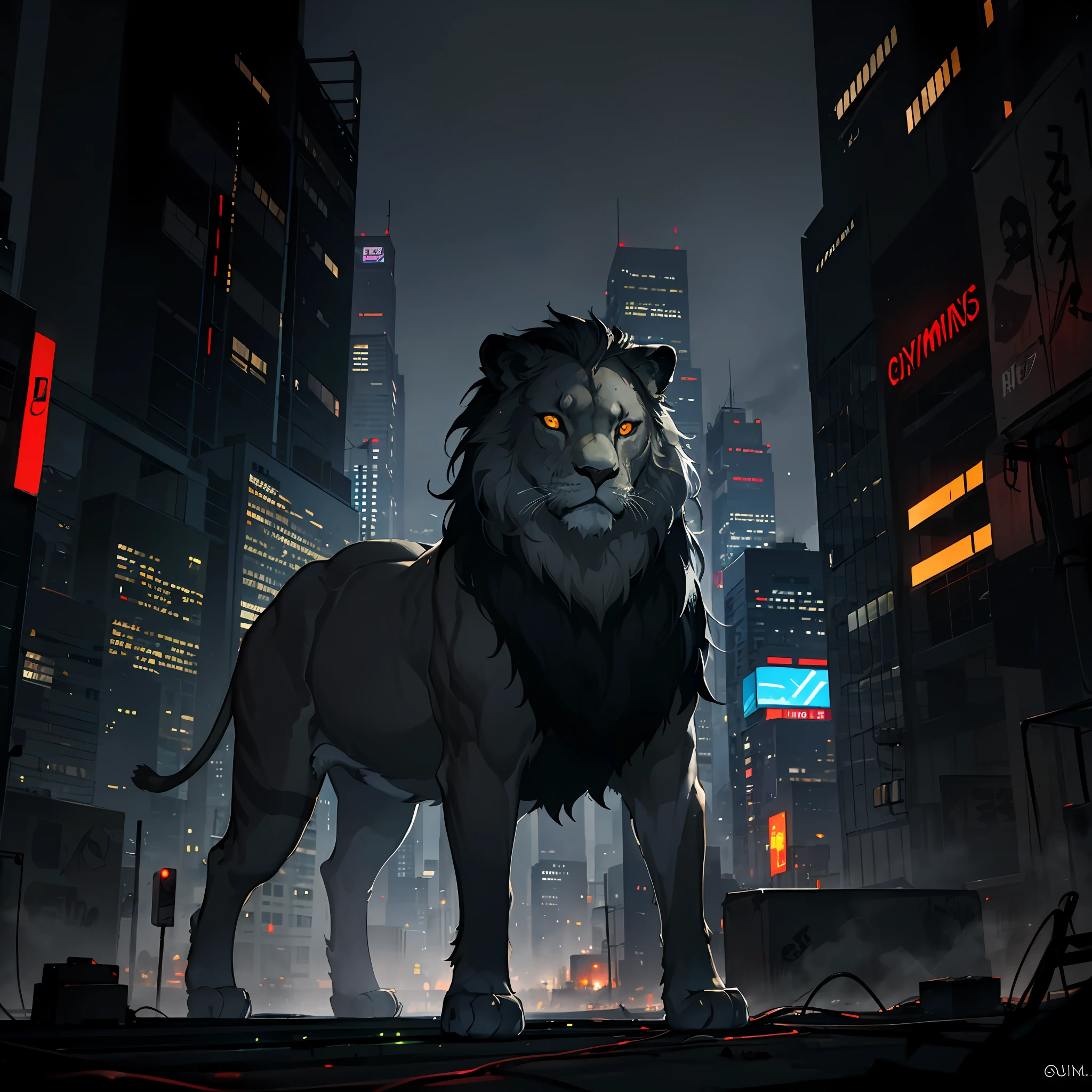A cybernetic lion, with a mane of shimmering electronic wires, glowing eyes, and integrated cybernetic implants, rises majestically in a dystopian cityscape, surrounded by crumbling skyscrapers, pulsating neon, and an atmosphere laden with smoke and pollution. --auto