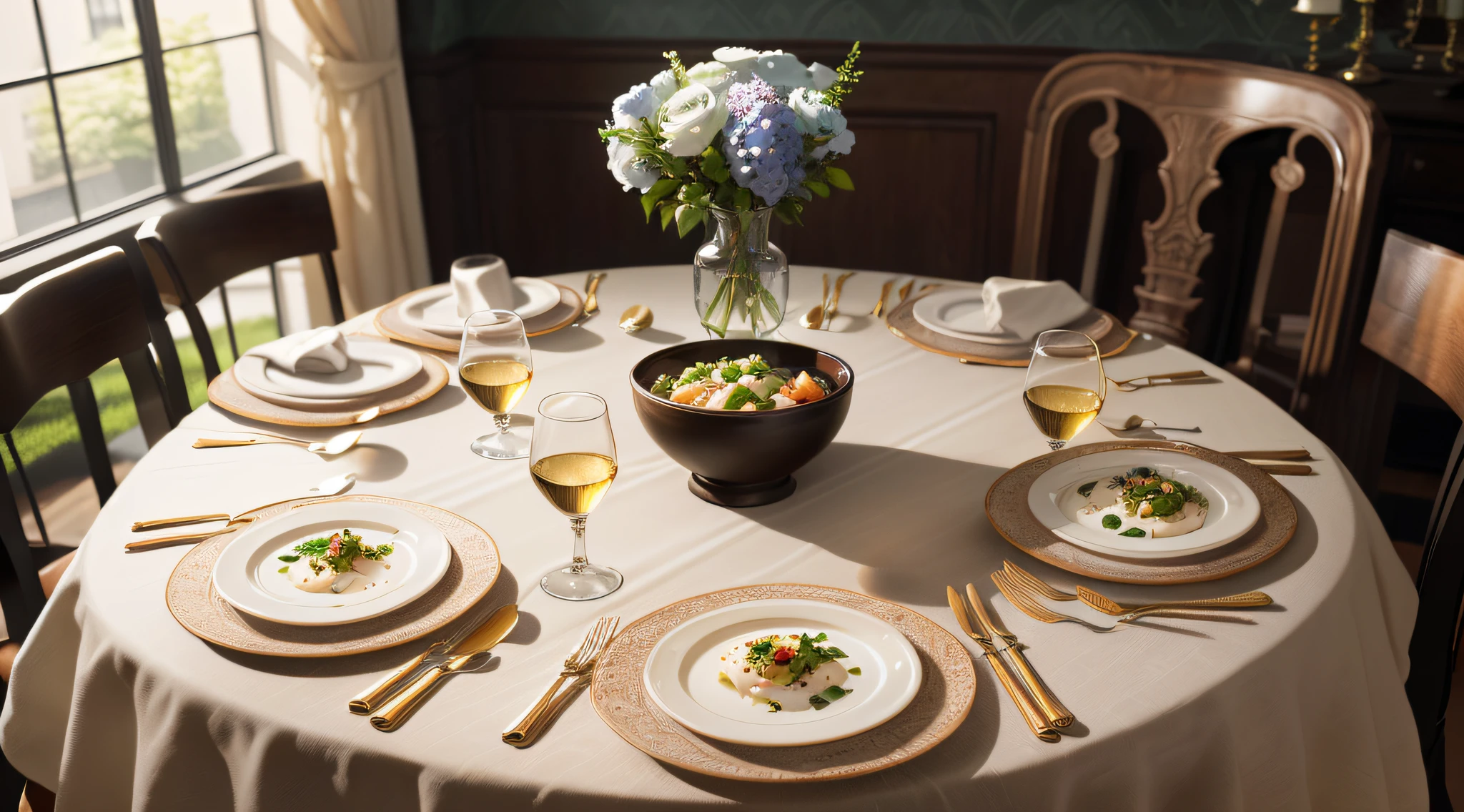 there is a table set with a bowl of food and plates, center focus on table, scene from a dinner party, fine dining, elegant and refined, dinner table, half image, at a dinner table, high resolution product photo, exquisite detail, close portrait, the table is full of food, semi - realism, semi-realism, exquisite fine details