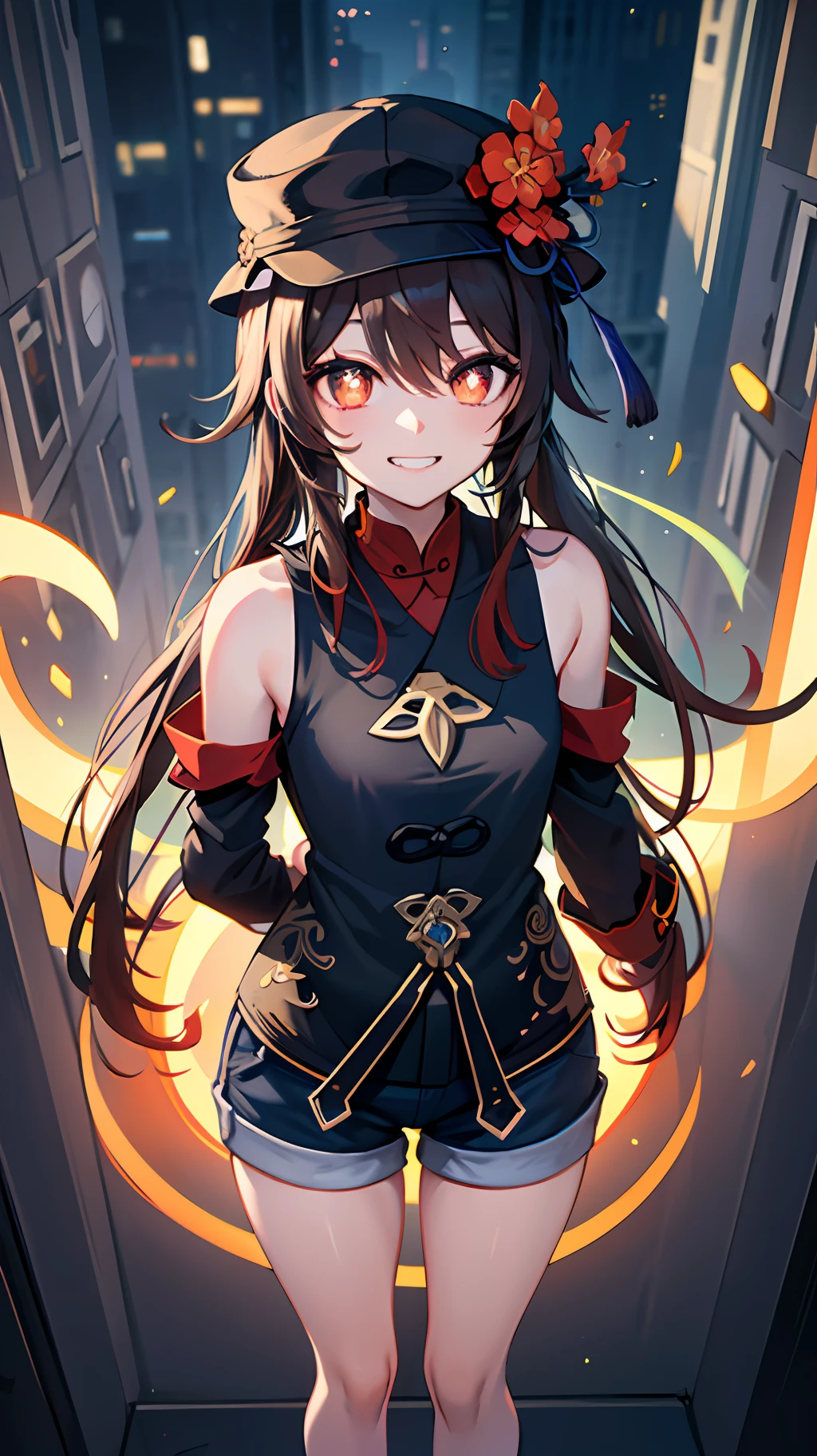 (((masterpiece))), 4k res, highly detailed, (((extremely detailed eyes))), detailed background, cinematic lighting, crystal clear eyes, 1girl, high quality, highres, ultra-detailed, 8k, best quality, 1girl, solo,  shadow, backlighting, light particles, Thick Eyelashes, Wide Sleeve, thick thighs, (masterpiece:1.3), (the best quality:1.2), (super fine illustrations:1.2), (Masterpiece), high quality, high detail,(SOLO:1.4),((round image)),[(cyberpunk:1):5], cyberpunk, whole body, hair ornament, from above, hu tao (genshin impact), hat, flower on hat,brown hair, twintails, red eyes, flower-shaped pupils, evil grin, small breasts, short shorts, arms behind back, pyrokinesis, boo tao, hide hands