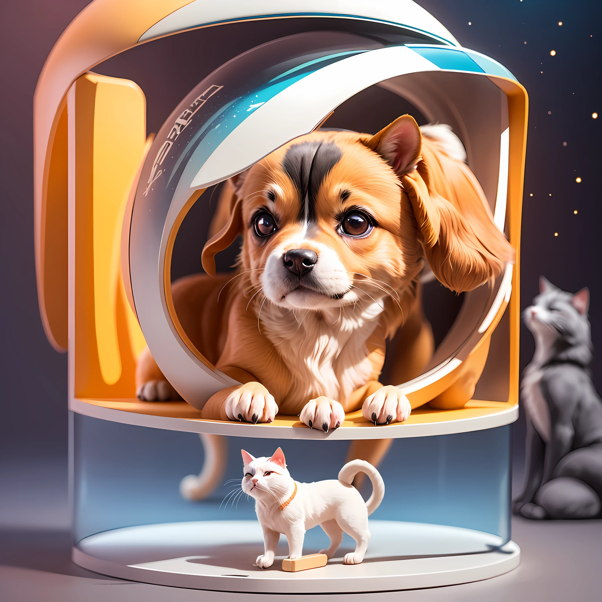 A futuristic logo for a pet store, with a background of dogs and cats in a galaxy --auto