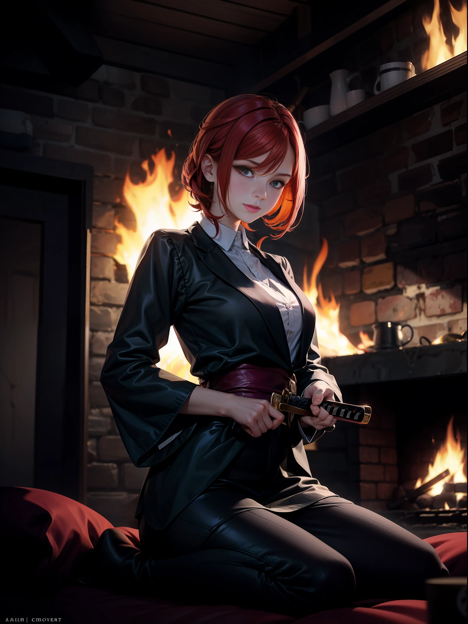 1 beautiful woman, red hair, flaming eye, katana, flames, burning houses, shining, Sidelighting, wallpaper,