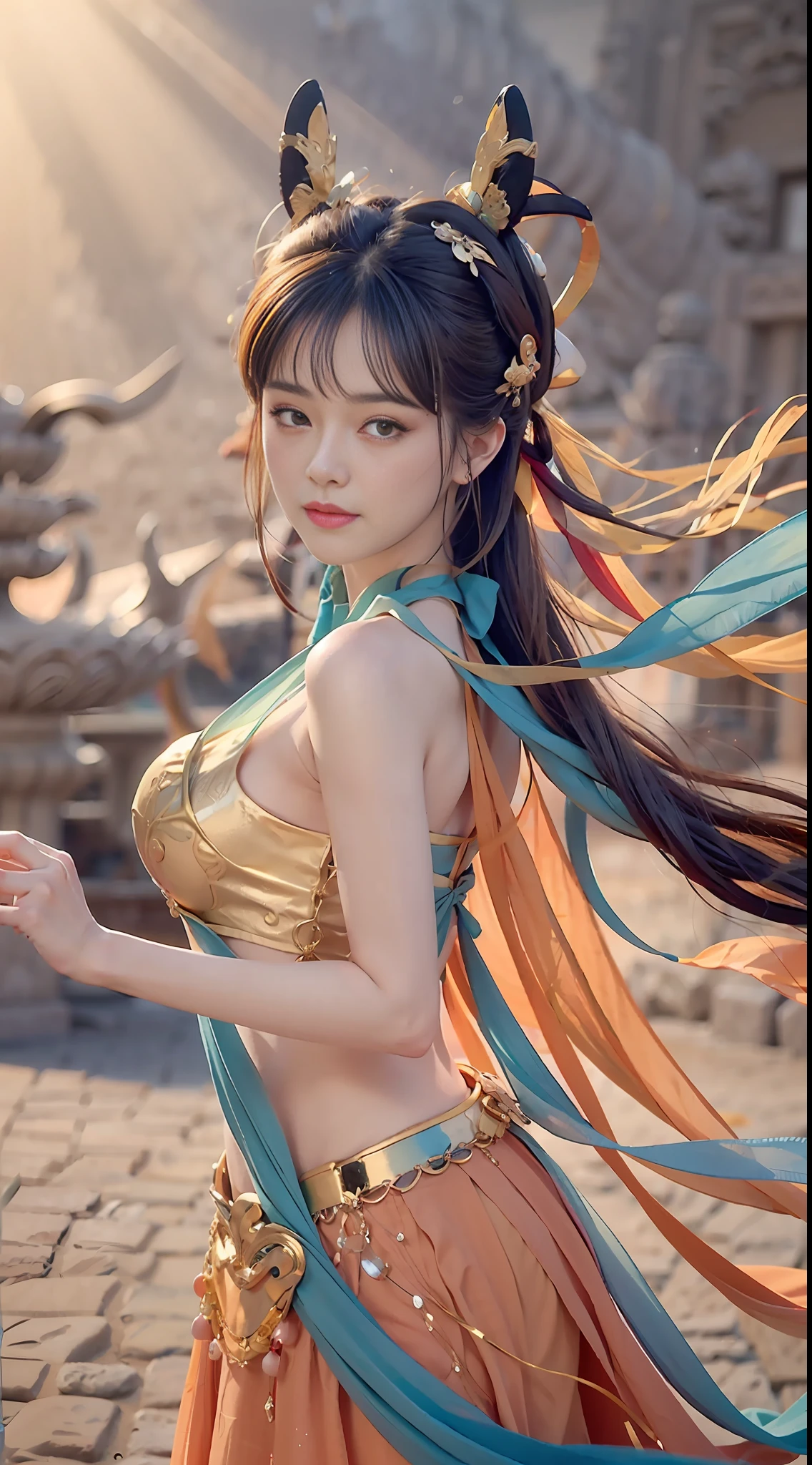 Bust photo, face close-up, face shot, a beautiful woman, messy hair, girly, symmetrical bun, hair accessories, jewelry, delicate face, (color halter neck clothes: 1.5), (orange split lower skirt 1.7), (gold pattern: 1.5), crop top, Dunhuang style, lots of streamers, delicate skin, soft light effect, delicate and smooth hair, delicate details, eye highlights, fair skin, fine portrayal, extreme details, cinematic quality, thin, slender, broken, hair details, thin bangs, shawl hair, correct body, shadow, air bangs, 8K, super fine, fine fabric texture, soft, smooth, smooth texture, ((Dunhuang style))) ),