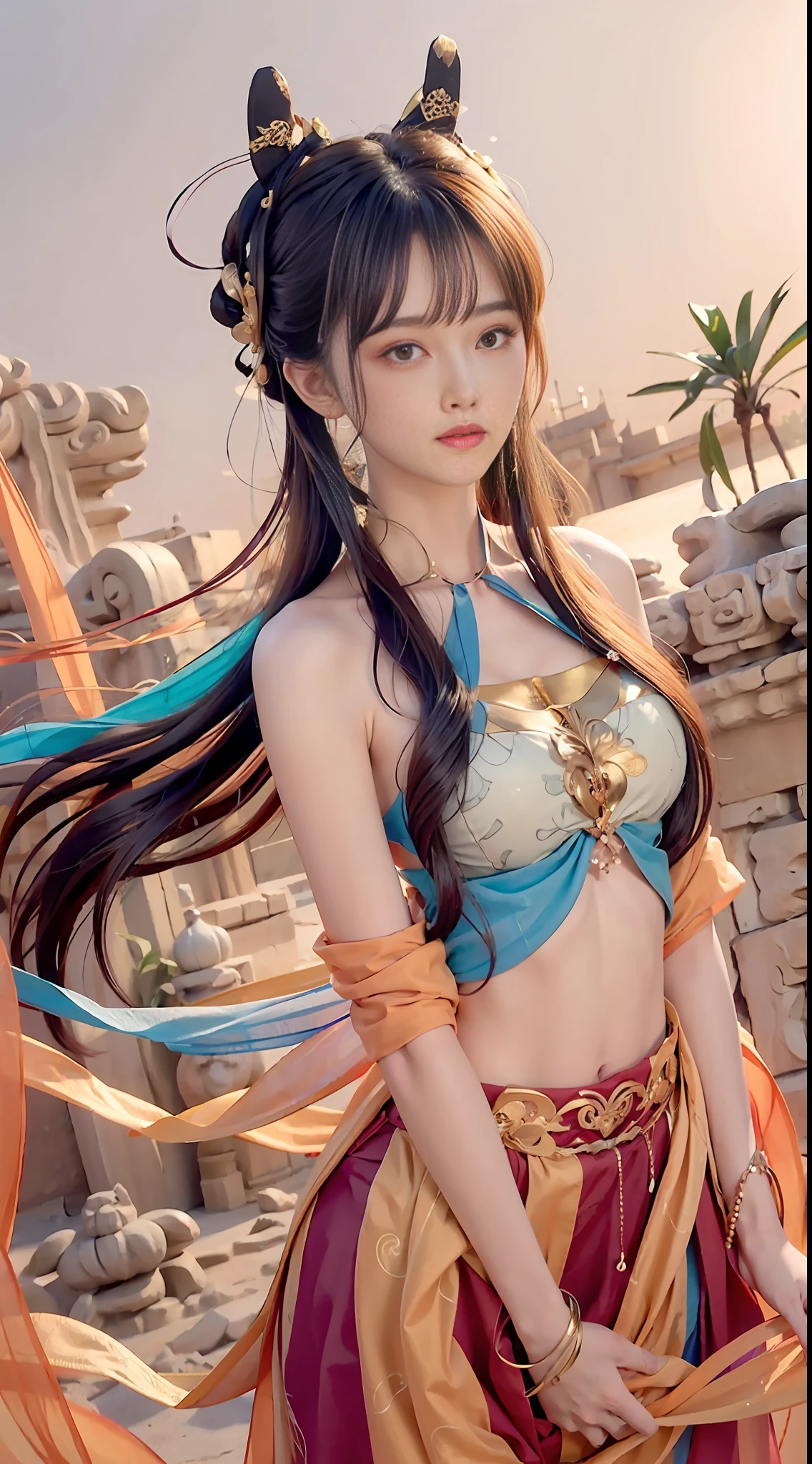 Bust photo, face close-up, face shot, a beautiful woman, messy hair, girly, symmetrical bun, hair accessories, jewelry, delicate face, (color halter neck clothes: 1.5), (orange split lower skirt 1.7), (gold pattern: 1.5), crop top, Dunhuang style, lots of streamers, delicate skin, soft light effect, delicate and smooth hair, delicate details, eye highlights, fair skin, fine portrayal, extreme details, cinematic quality, thin, slender, broken, hair details, thin bangs, shawl hair, correct body, shadow, air bangs, 8K, super fine, fine fabric texture, soft, smooth, smooth texture, ((Dunhuang style))) ),