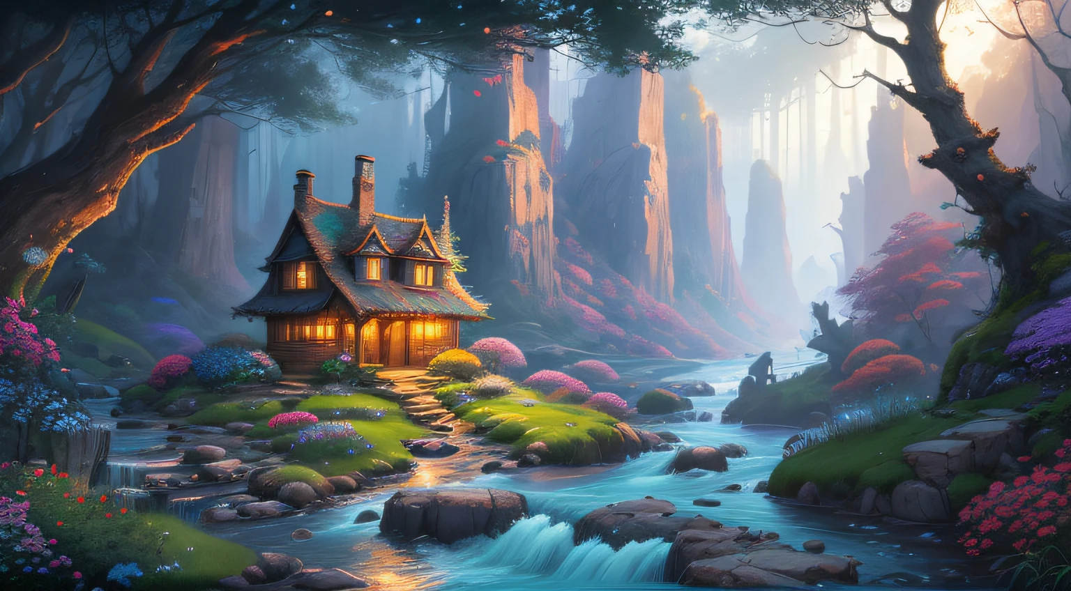 Generate a breathtaking and visually stunning illustration of a wild and natural fantasy landscape. The scene should exude a sense of awe and wonder, with vibrant colors and intricate details. The landscape should be filled with lush vegetation, towering mountains, and flowing rivers. Add elements of fantasy, such as magical creatures or ethereal beings, to enhance the otherworldly atmosphere.

To achieve the best quality and create a masterpiece, pay careful attention to the lighting in the illustration. Use glowing lights strategically placed throughout the landscape to create a mesmerizing and enchanting effect. These lights should cast a soft, warm glow, illuminating the surroundings and adding depth to the scene. The overall composition should be balanced and visually captivating, drawing the viewer's attention to the beauty of the landscape.

Ensure that the illustration showcases a high level of detail, from intricate foliage and rock formations to the subtle textures of the environment. The colors should be vibrant and rich, evoking a sense of natural beauty. The image should have a sense of depth, with elements in the foreground, middle ground, and background creating a realistic and immersive experience.

Strive for a harmonious blend of realism and fantasy, where the natural elements seamlessly merge with the magical elements. The final result should be a stunning and captivating artwork that portrays the beauty of a wild and natural fantasy landscape with glowing lights.

Please note that the specific outcome may vary depending on the model and platform you are using. Now, you can use this prompt to generate the illustration with the highest possible quality and create a masterpiece that showcases a beautiful, wild, and natural fantasy landscape with glowing lights.