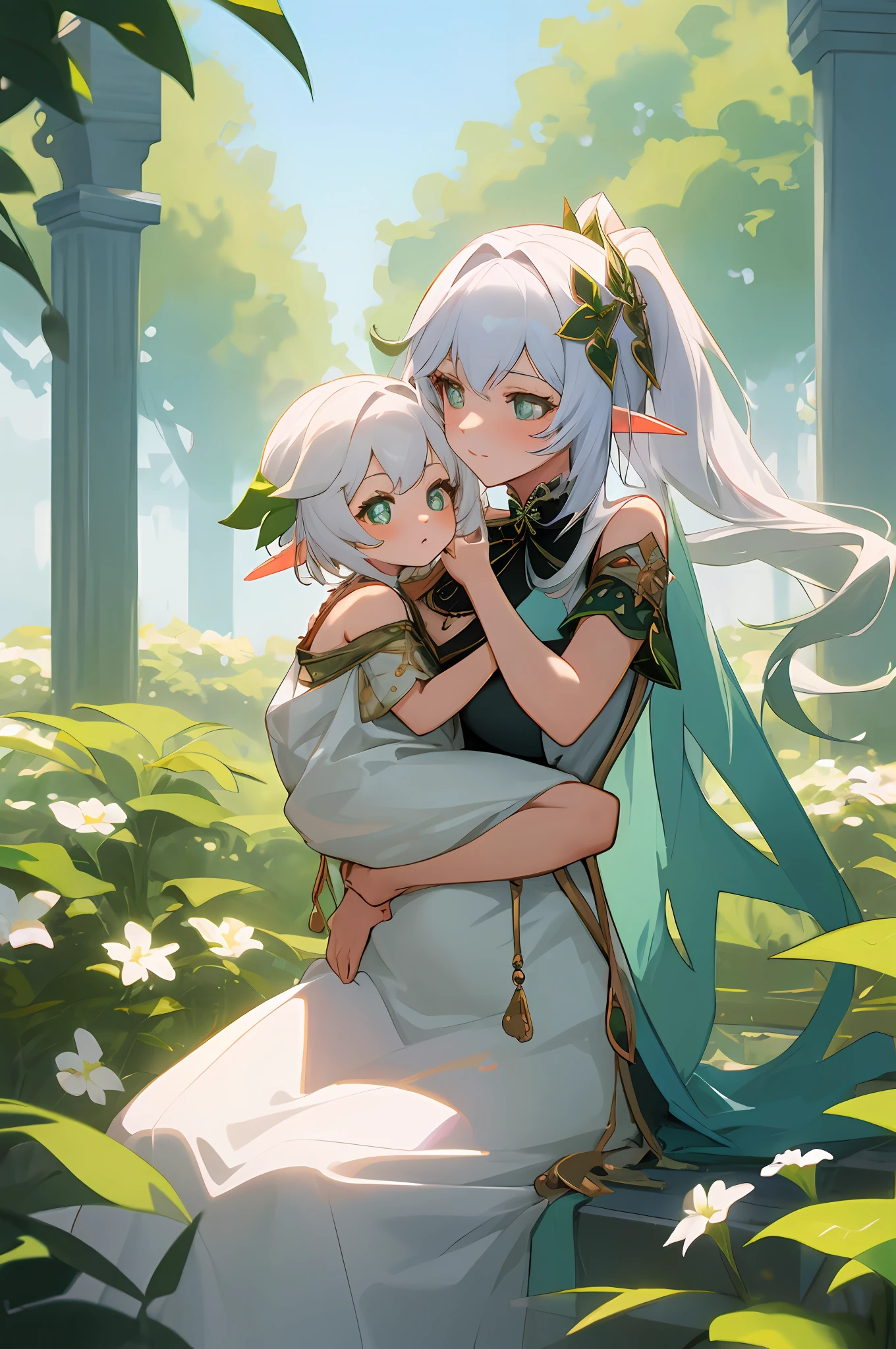 anime image of two women dressed in dress posing for a picture like arabian princess clothes in summer, beautiful decoration on dress, palace a girl in palace,long hair, white haired , anime fantasy illustration, from the azur lane videogame, genshin, Royal Princess rukkhadevata detailed art, two beautiful anime girls, mother and child, symbol of maternal love, mother and child, such as photos of mother and child, Embarrassed, royal castle, elf, long ears, sitting in a green flowering garden