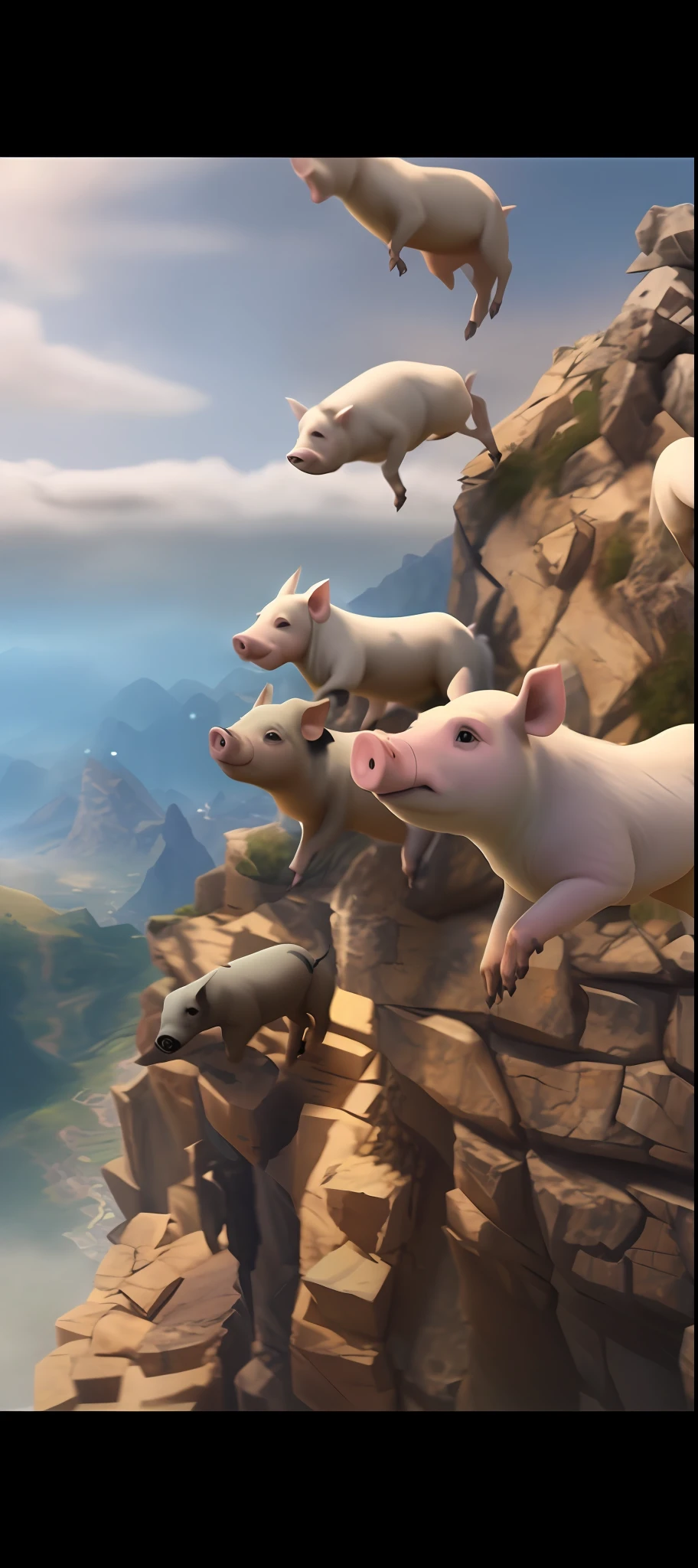 There are many pigs that are jumping off a cliff, pigs, animated movie scene, animated movie, Full HD YouTube thumbnail, screenshot of a movie, high image quality, animated movie, live action movie scene, screengrab, flying pig, movie, prehistoric hell pigs, Dreamworks animation style, animated movie shot,  warcraft, movie screencap, Full hd