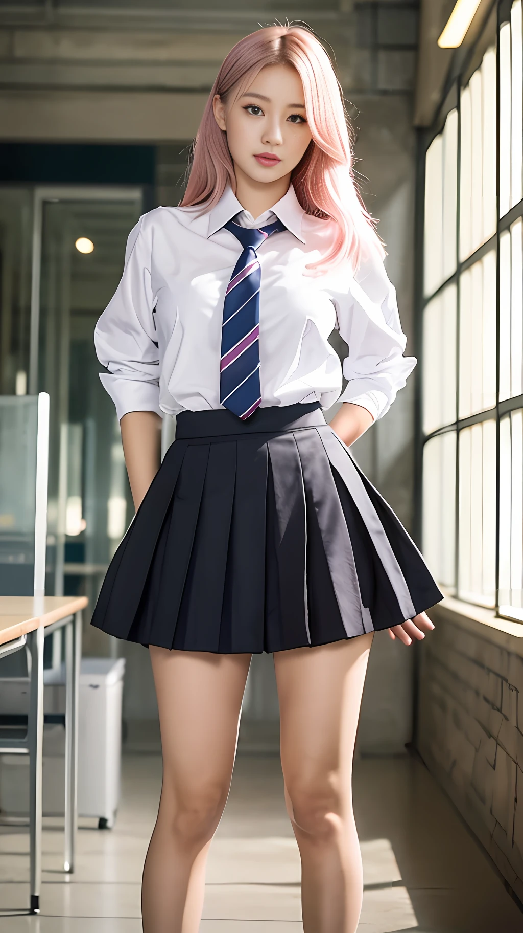 cute, full body, school uniform, japanese woman, ulzzang-6500-v1.1, (original photo:1.2), (realistic:1.4), beautiful detailed girl, very detailed eyes and face, beautiful delicate eyes, huge file size, hyper detail, high resolution, highly detailed, best quality, masterpiece, illustrations, very detailed, CG, unity, 8k wallpaper, fantastic, fine detail, masterpiece, high quality, highly detailed CG uniform 8k wallpaper, light on face, movie lights, 16 years old girl, pink_hair,pink_eyebrows, favorite partner, schoolgirl, normal breasts, school uniform, classroom, standding, near by the windows, red cheeks, embarrassment, standing posture, "open", {{{open leg}}}, panties around right leg, light panties.