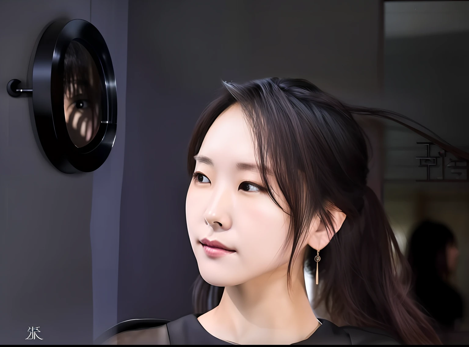 there is a woman that is looking at something in the mirror, looking left, profile portrait, portrait of christy ren, cover photo portrait of du juan, louise zhang, looking away from camera, kamwei fong, inspired by Matsui Fuyoko, looking to the side off camera, katherine lam, qifeng lin, yun ling, wenfei ye, korean artist