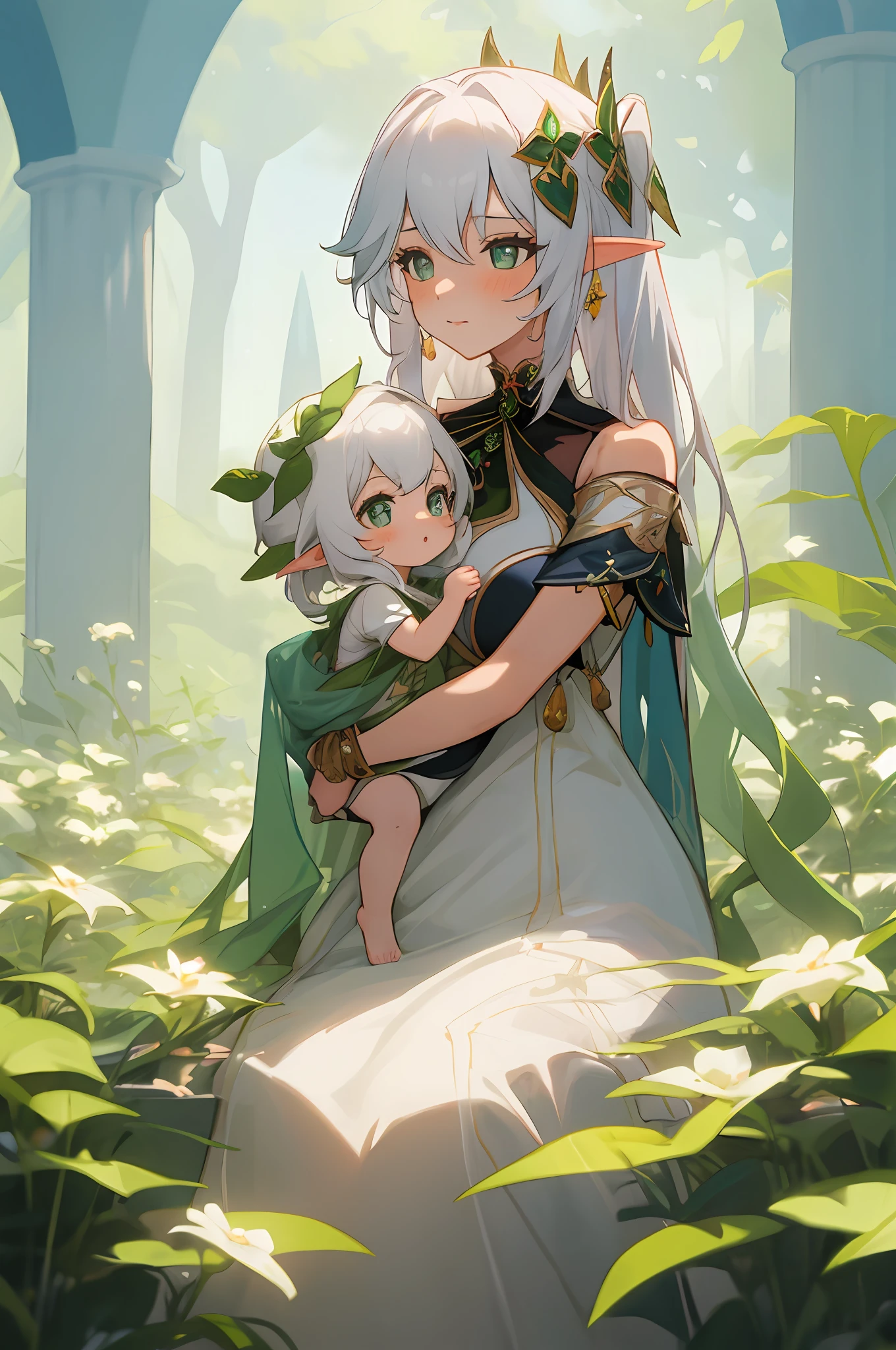 anime image of two women dressed in dress posing for a picture like arabian princess clothes in summer, beautiful decoration on dress, palace a girl in palace,long hair, white haired , anime fantasy illustration, from the azur lane videogame, genshin, Royal Princess rukkhadevata detailed art, two beautiful anime girls, mother and child, symbol of maternal love, mother and child, such as photos of mother and child, Embarrassed, royal castle, elf, long ears, sitting in a green flowering garden, 1 Aranara
