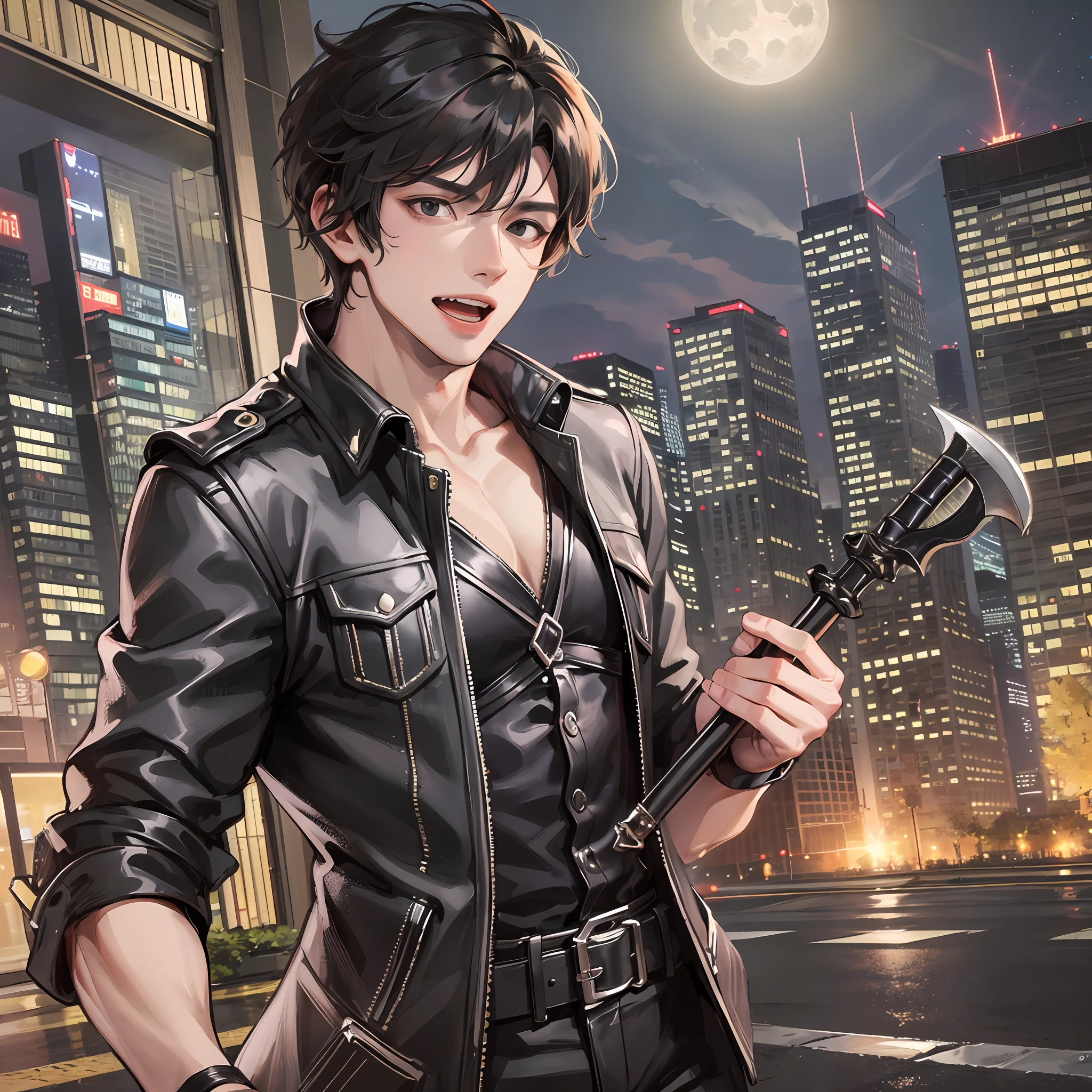 Mature male, holding an open axe, axe, handsome, lewd expression, toothy smile, open mouth, city night view, hotel, moonlight, doomsday, dark, short black hair, black eyes, masterpiece of best quality, 8k, very detailed, high quality, high resolution