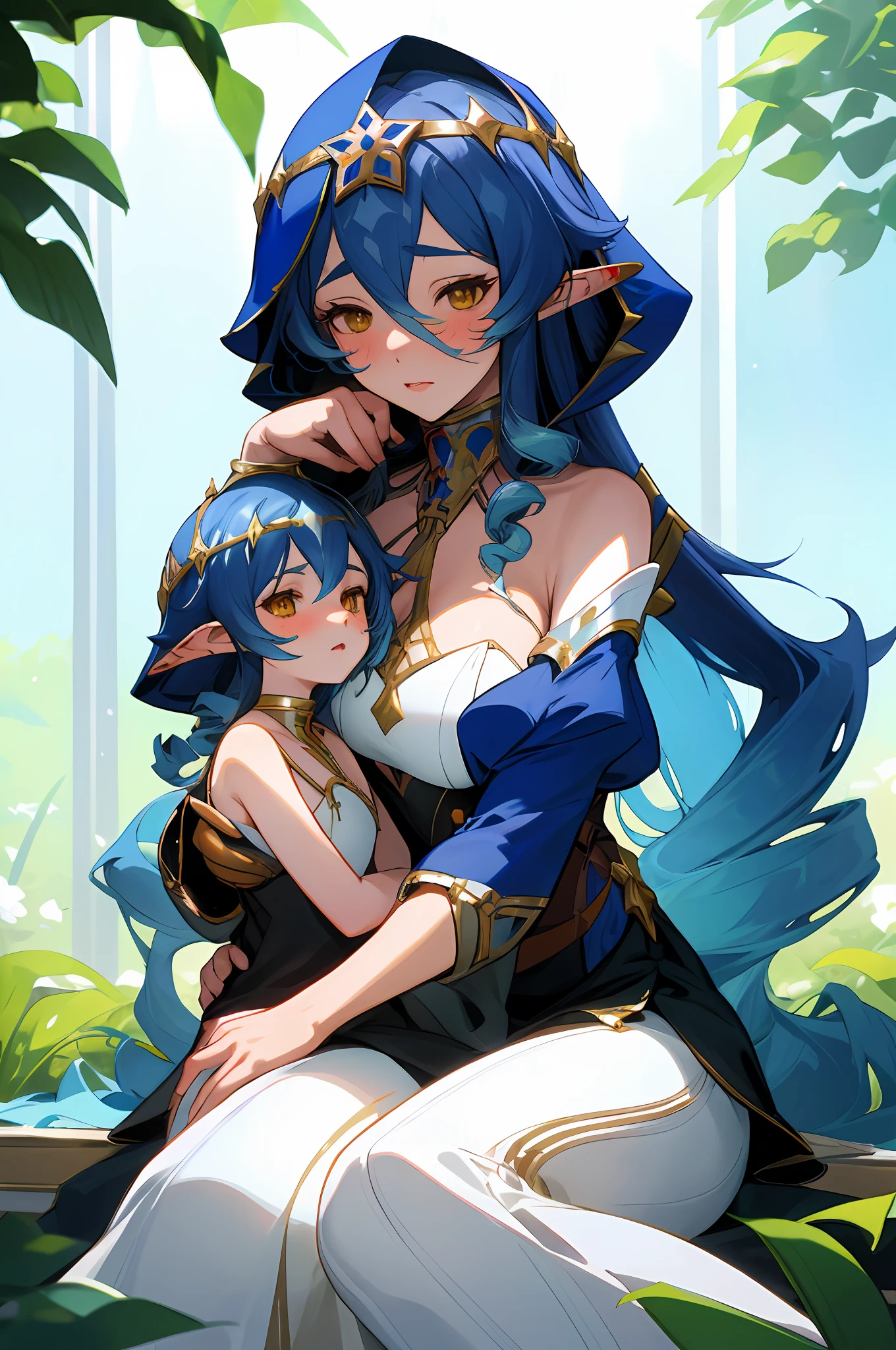 anime image of two women dressed in dress posing for a picture like arabian princess clothes in summer, beautiful decoration on dress, palace a girl in palace,medium hair, blue haired , anime fantasy illustration, from the azur lane videogame, genshin, Royal Princess rukkhadevata detailed art, two beautiful anime girls, mother and child, symbol of maternal love, mother and child, such as photos of mother and child, Embarrassed, royal castle, elf, long ears, sitting in a green flowering garden