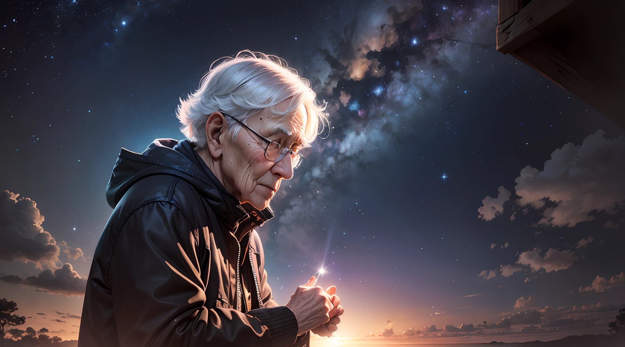 Senior elderly head held high looking at the starry night sky with galaxy flickering of bright brightness --auto