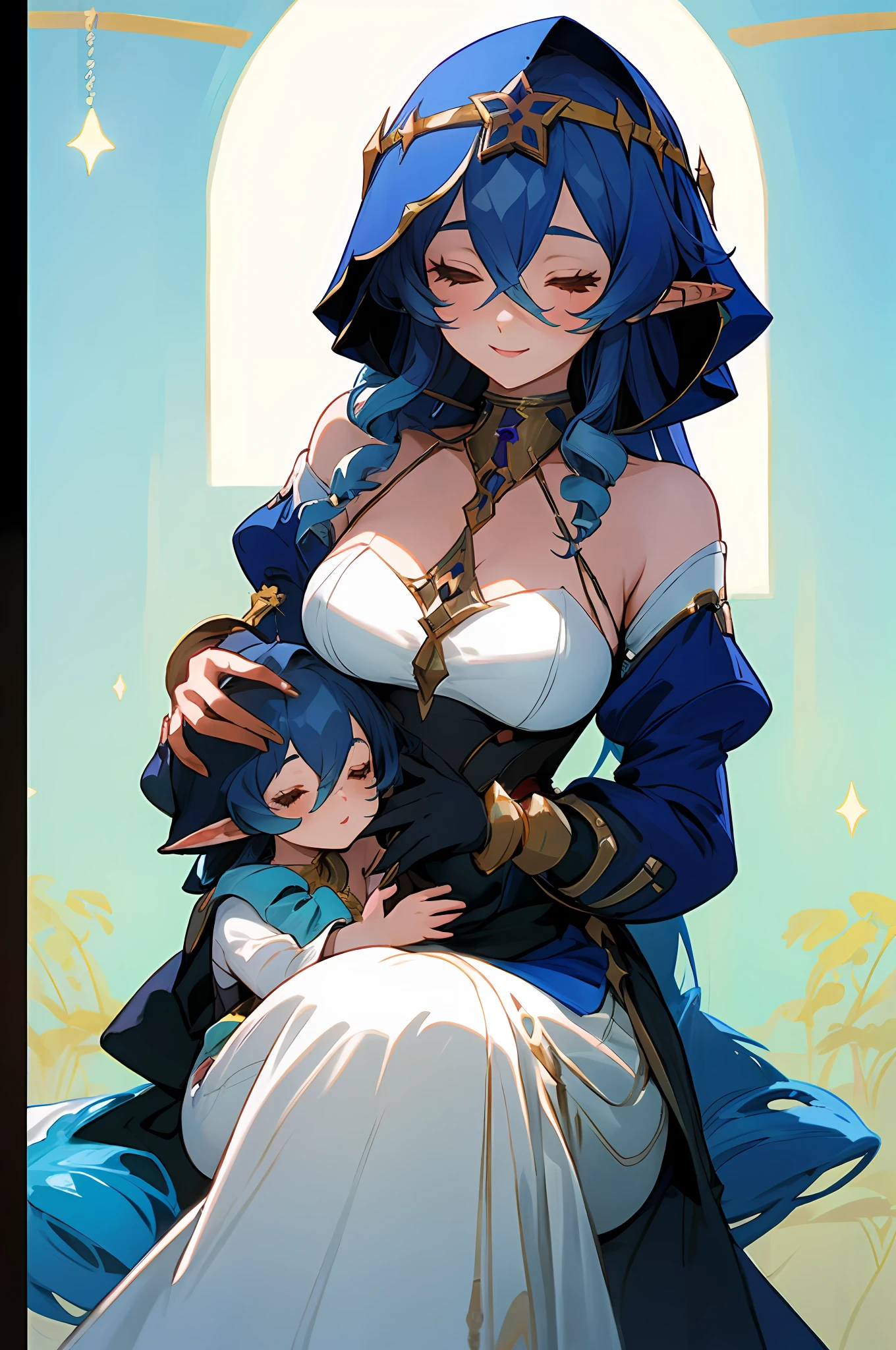 anime image of two women dressed in dress posing for a picture like arabian city clothes in summer, beautiful decoration on dress, palace a girl in palace,medium hair, blue haired , anime fantasy illustration, from the azur lane videogame, genshin, layla detailed art, two beautiful anime girls, mother and child, symbol of maternal love, mother and child, such as photos of mother and child, smile, School library, elf, long ears,