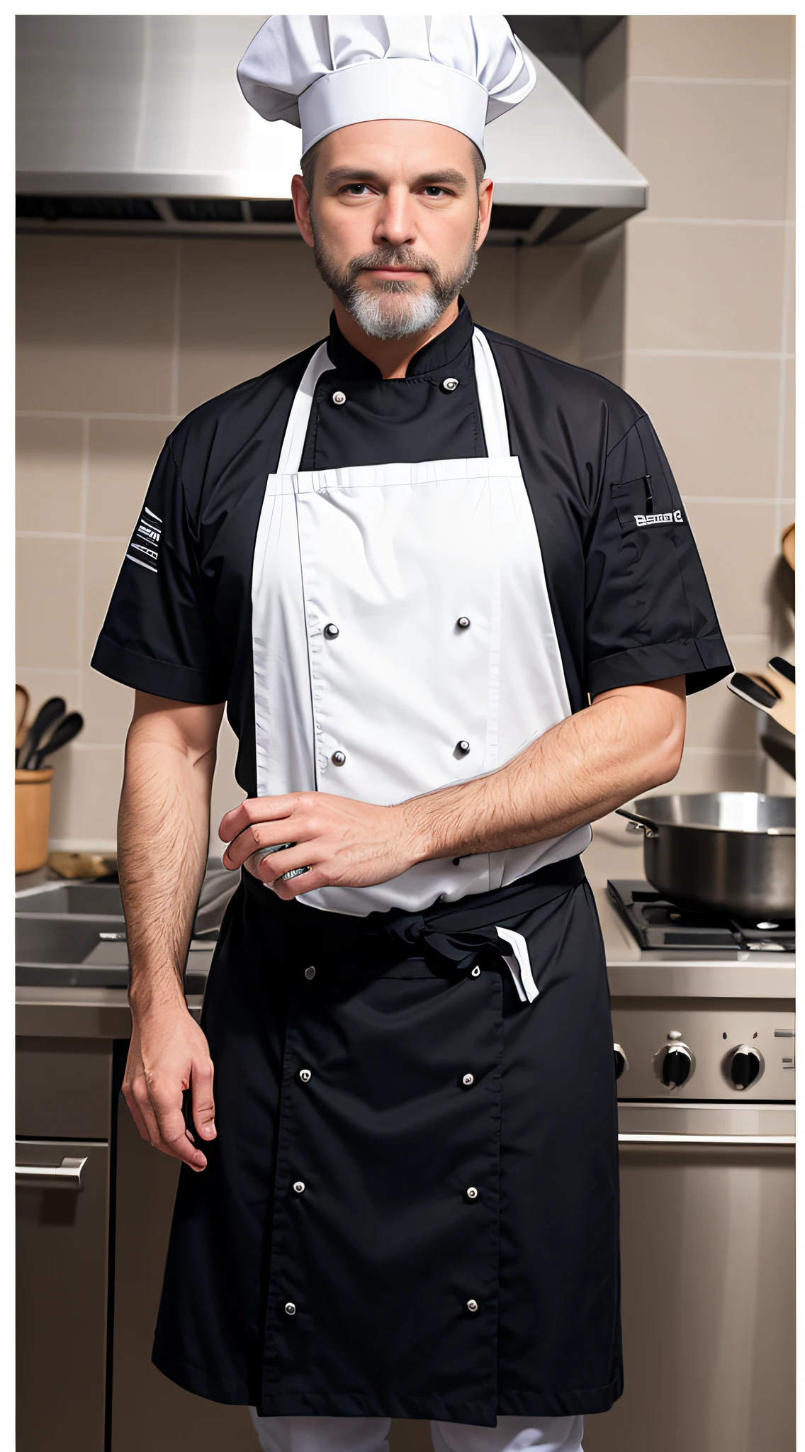 "Modelshoot Style, Masterpiece, Sharp Focus, in a chef's uniform and chef's hat, standing in a kitchen, shade at 5 o'clock, beard undone, 1 man, 53 years old. Perfect, ultra-detailed hands