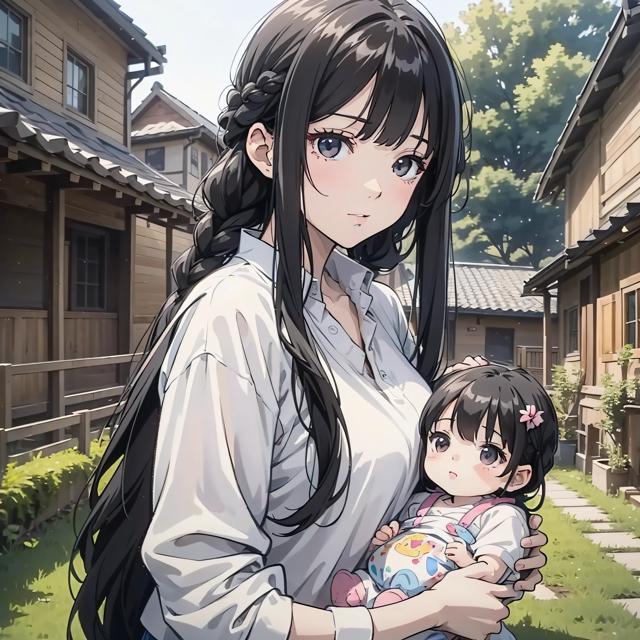 A woman in a white shirt with long black braided hair standing in the yard in front of the house holding a baby and looking at the camera (upper body display 1.5) (girls 1.8) (cinematic lighting 1.5) (master masterpiece: 1.4), hyper detail, anime style 4 K, anime rendering, anime style. 8k,