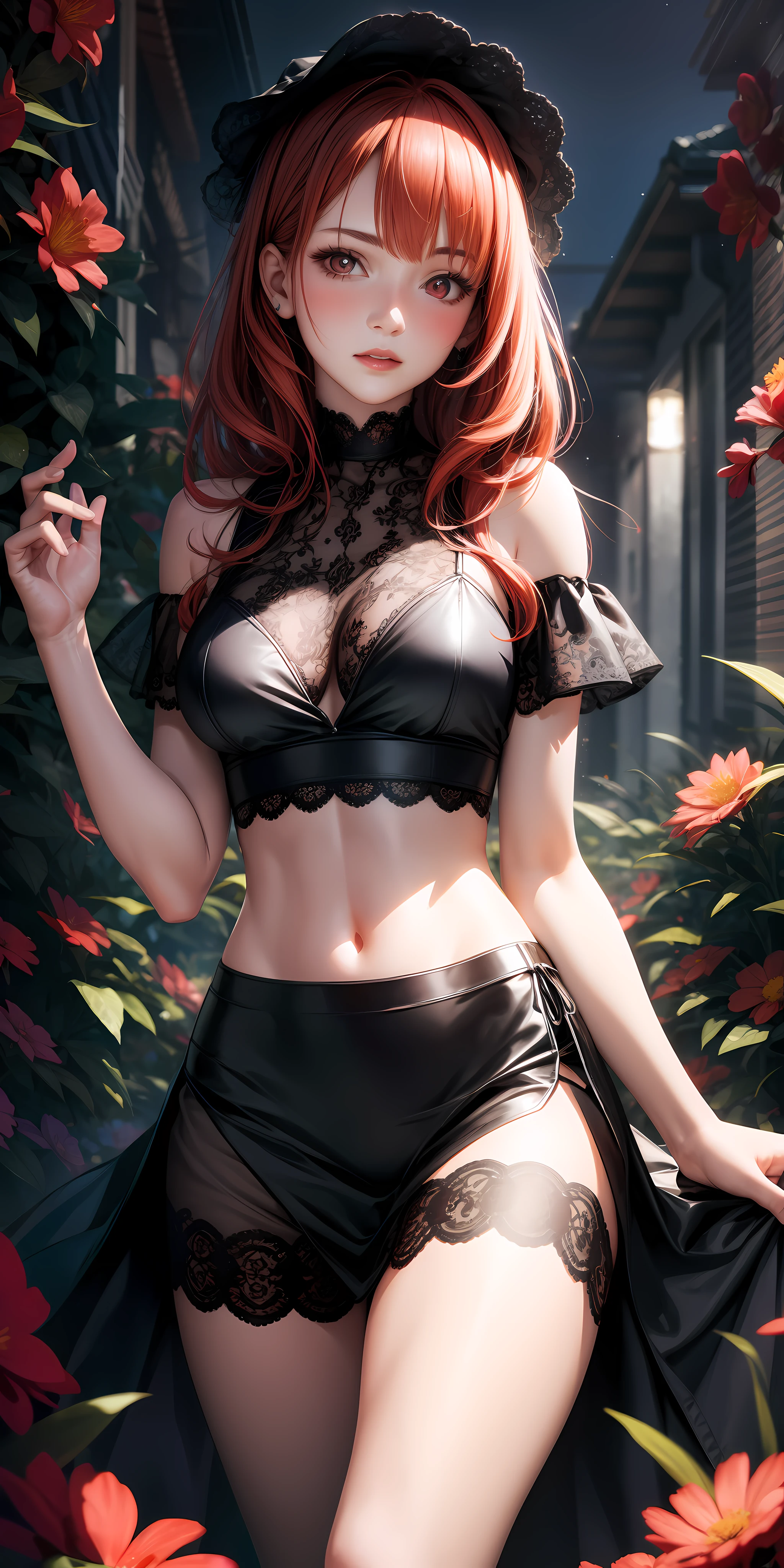 Realistic, 1girl, red hair, red eyes, glowing eyes, lace top, black silk skirt, parted lips, blush, night, flowers, sun, sunlight,