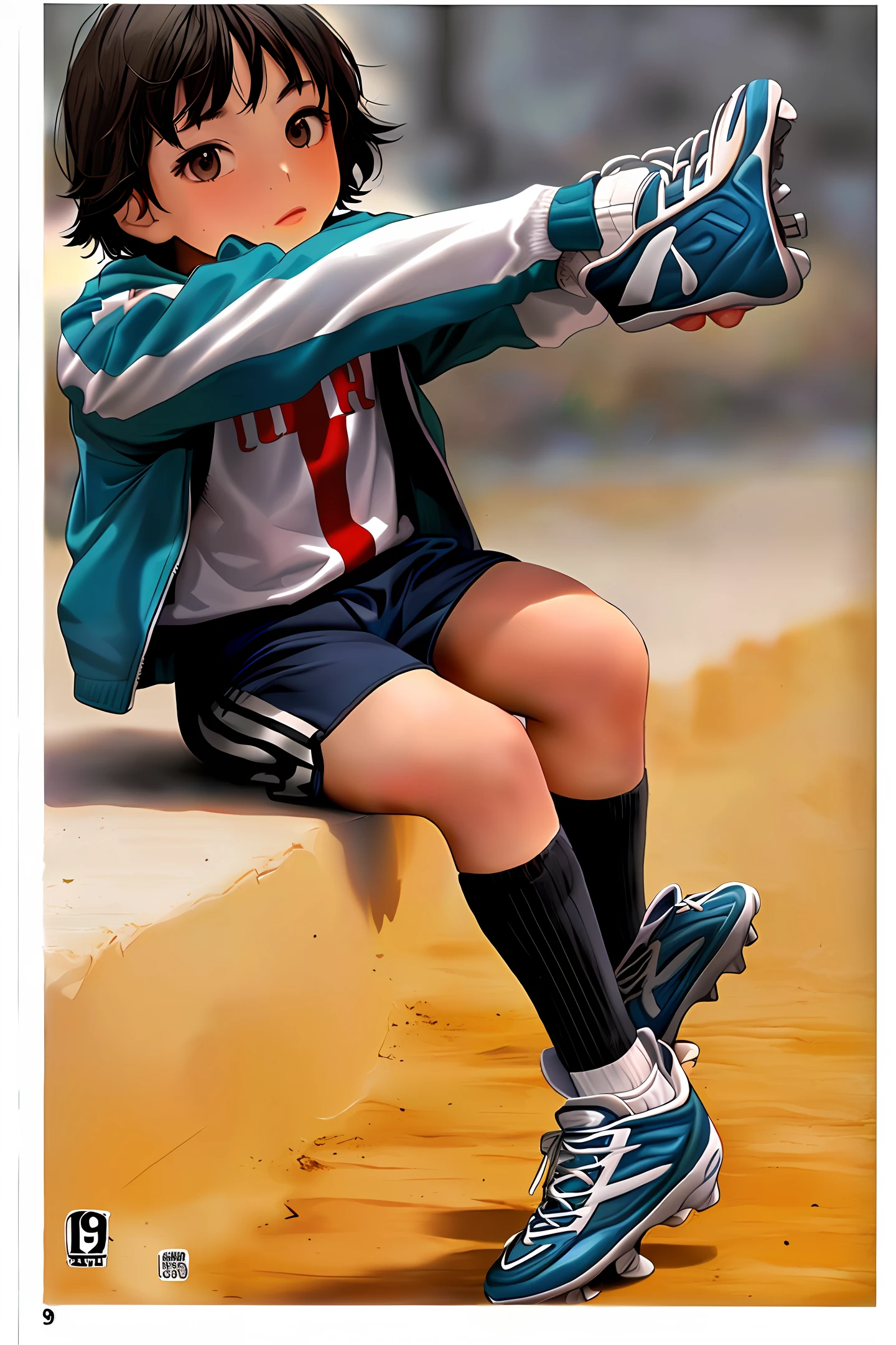 19 year old black youth wearing soccer uniform socks and cleats with jacket in comic book character style with no background