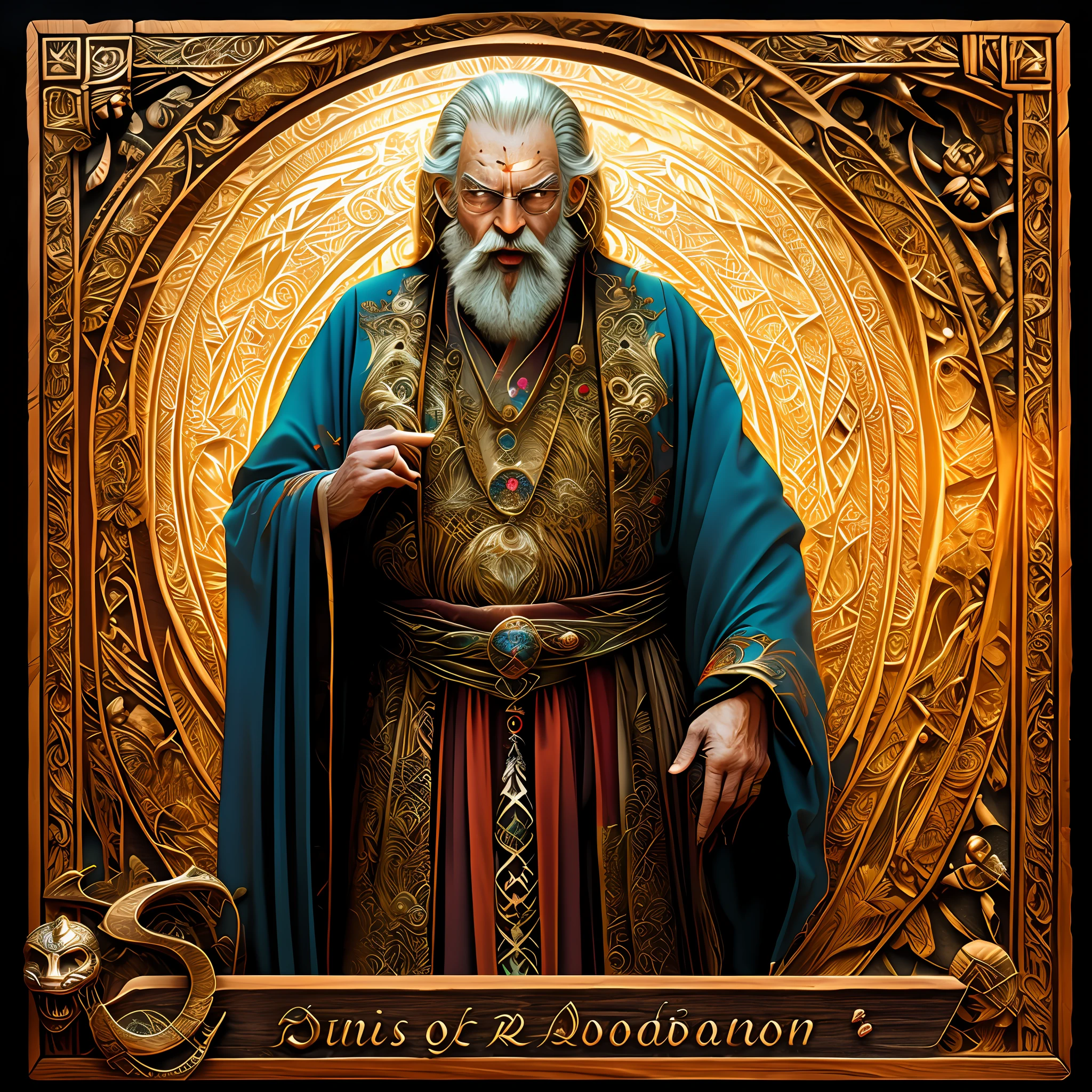 "The magician is an old man with long white beards that go down to his chest. His eyes are wise and penetrating, with a serene and tranquil expression. He wears a dark, worn robe, adorned with mystical symbols and ancient riddles. In his hand, he holds a dark wooden staff, carved with runes and encrusted with a shiny stone on top. An air of wisdom and experience surrounds him, emanating an aura of power and respect." --auto