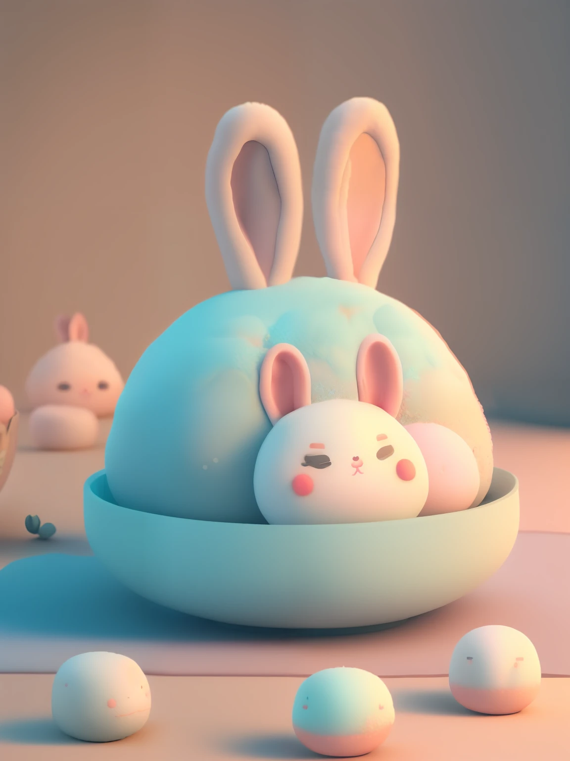 Chibi wind rice balls, rabbit ears rice balls, very cute face, very real, Chinese folk art style rice balls, Chinese kitchen background, steaming, looks delicious, ultra HD picture quality, rabbit cute shape