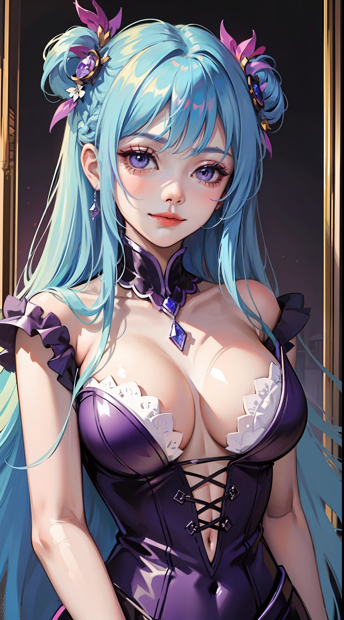 Young girl, long light blue hair, purple eyes, smirk, purple princess dress, chest neckline, masterpiece, high quality