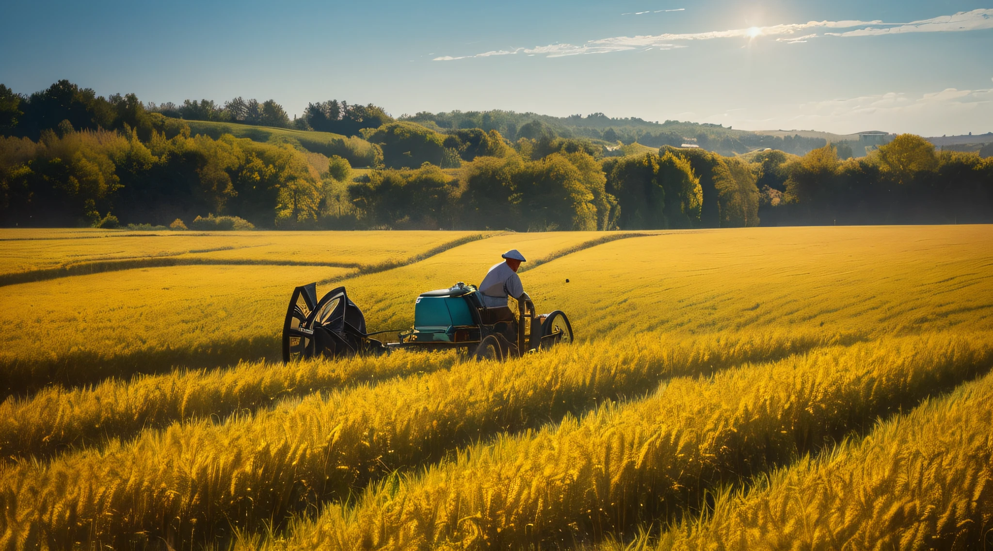 oil painting of a farmer working in his field, grand, bright colors of warm sunlight, with a bright sun, high image quality, full HD, Image of a field full of wheat with ace strong colors, a rich and beautiful field