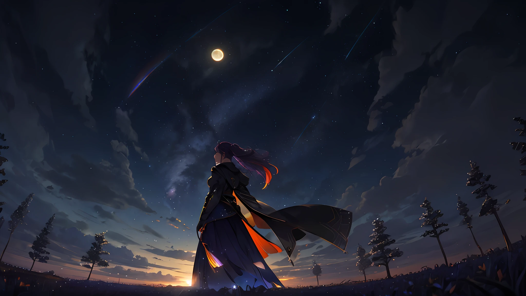 A wide landscape photo, (viewed from below, the sky is above, and the open field is below), a girl standing on a flower field looking up, (full moon: 1.2), (meteor: 0.9), (nebula: 1.3), distant mountains , Trees BREAK Crafting Art, (Warm Light: 1.2), (Firefly: 1.2), Lights, Lots of Purple and Orange, Intricate Details, Volumetric Lighting BREAK (Masterpiece: 1.2), (Best Quality), 4k, Ultra Detailed, (Dynamic Composition: 1.4), Rich in Detail and Color, (Rainbow Color: 1.2), (Glow, Atmospheric Lighting), Dreamy, Magical, (Solo: 1.2)