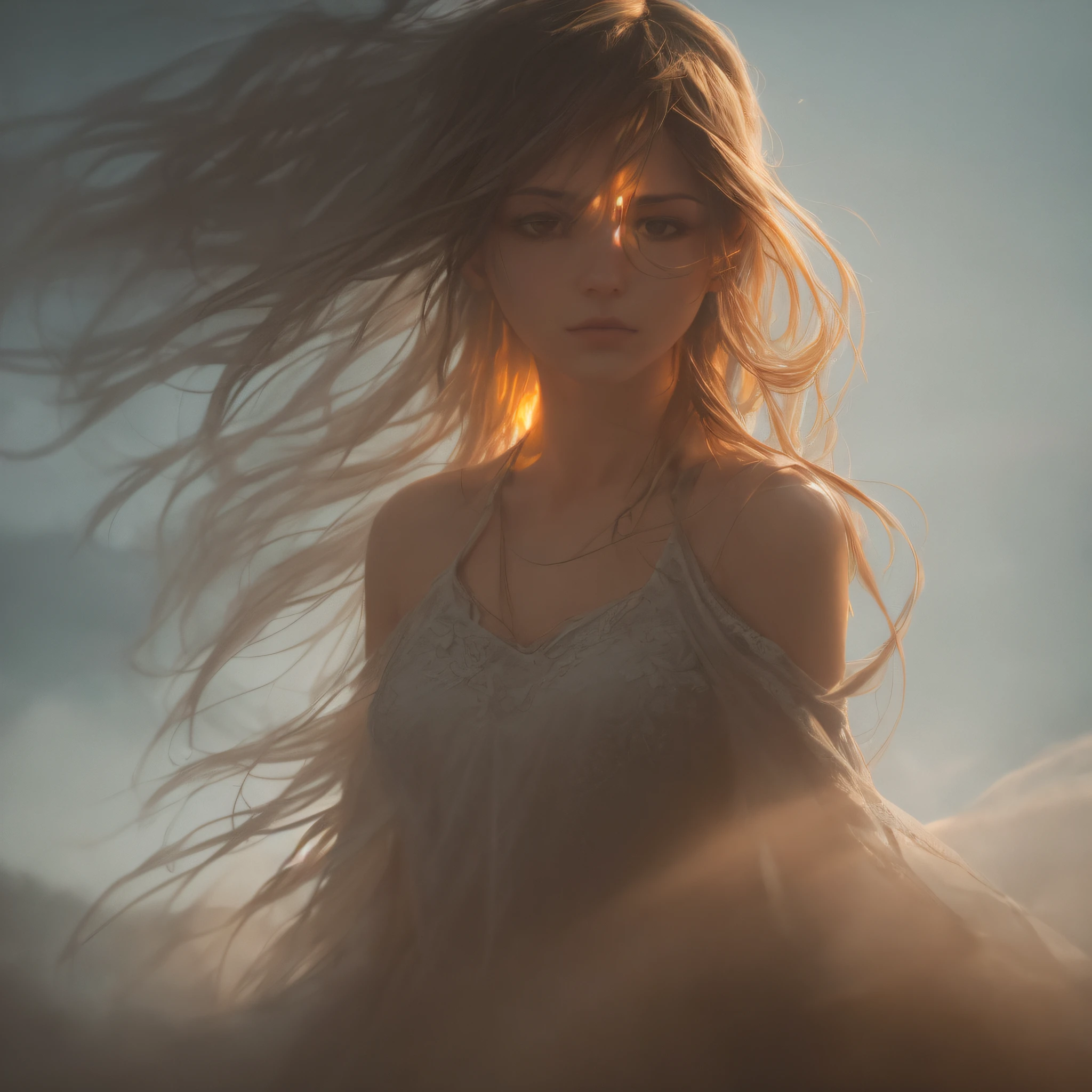 A beautiful woman with amber skin emerging with elegance and mystery among the dense mist. The scene has a realistic and photographic style, referring to an engaging cinematic look.\n\nArtistic Styles: Realism, Cinematography\n\nArtistic Inspirations: Caravaggio, Roger Deakins\n\nCamera: ARRI Alexa Mini\n\nShot: Medium Plane\n\nRender Related Information: The image must be captured with richness of detail and precise lighting. Use contrasting lighting to highlight the woman's amber skin and create a dramatic effect. The mist should be portrayed with softness and density, enveloping the female figure in an enigmatic way. The scene should convey a sense of realism and depth, harking back to the cinematic aesthetic with cinematic tones and striking textures." --auto