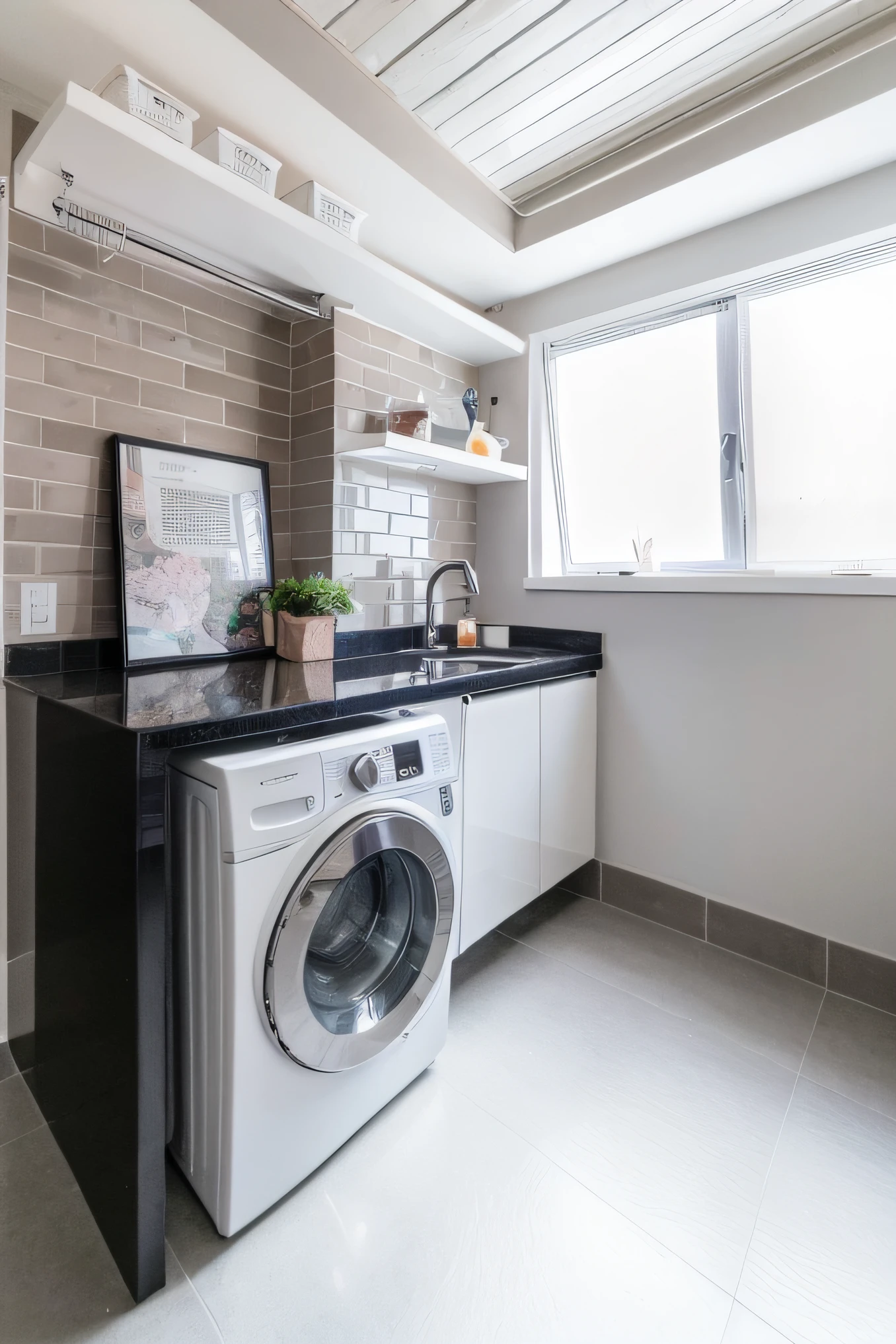 There is a washer and dryer in a small room, clean and tidy, clean and tidy, clean and simple, clean and immaculate design, pure and clean design, black and white scheme, hanging laundry, São Paulo, modern look, clean style, utility, clean minimalist design, washing machine, clean and organized, profile image, minimalist and clean, improve lighting with sunbeams. give more prominence and shine to the marble --auto