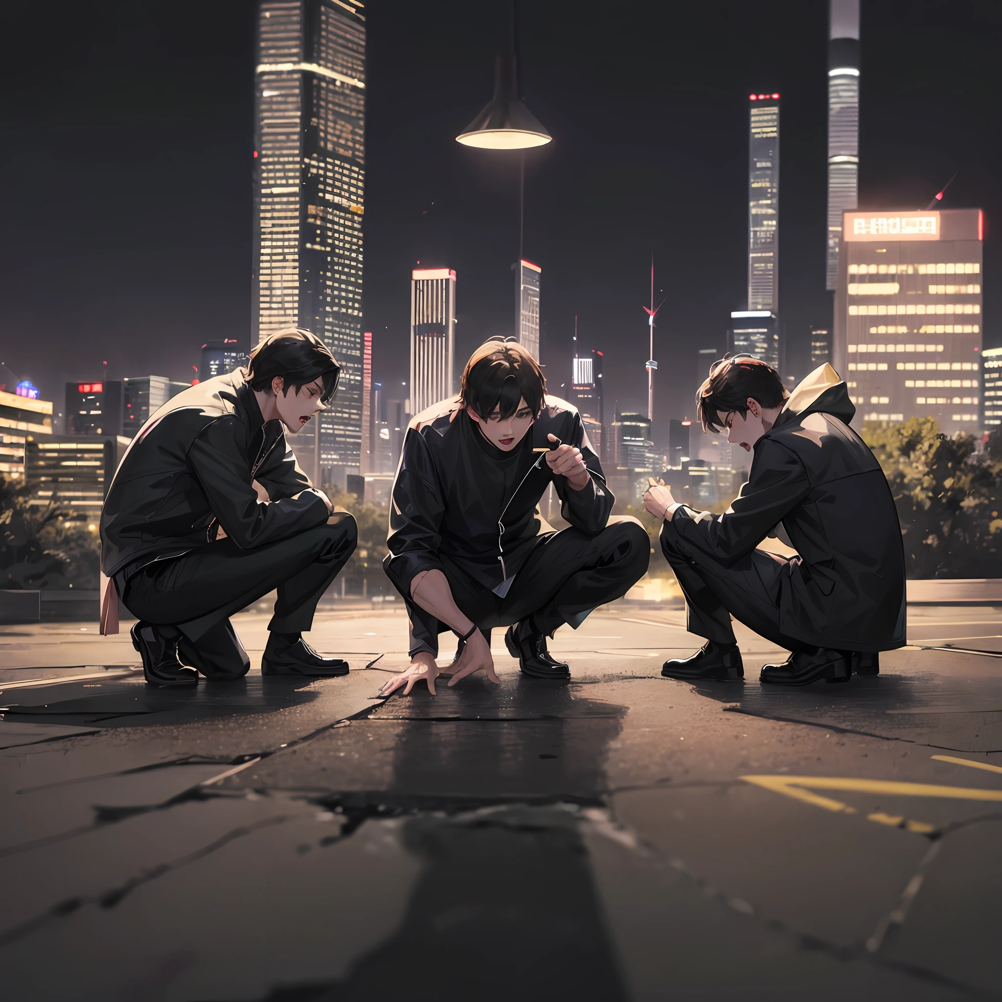 3 mature male, kneeling on the ground kowtowing, dressed in casual clothes, handsome, open mouth, city night view, hotel, moonlight, doomsday, dark, short black hair, black eyes, masterpiece best quality, 8k, very detailed, high quality, high resolution